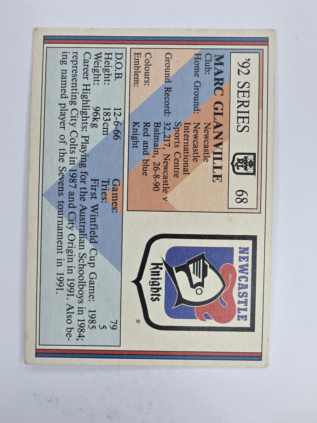 NRL 1992 Regina Base Card #68 Marc Glanville Newcastle Knights
