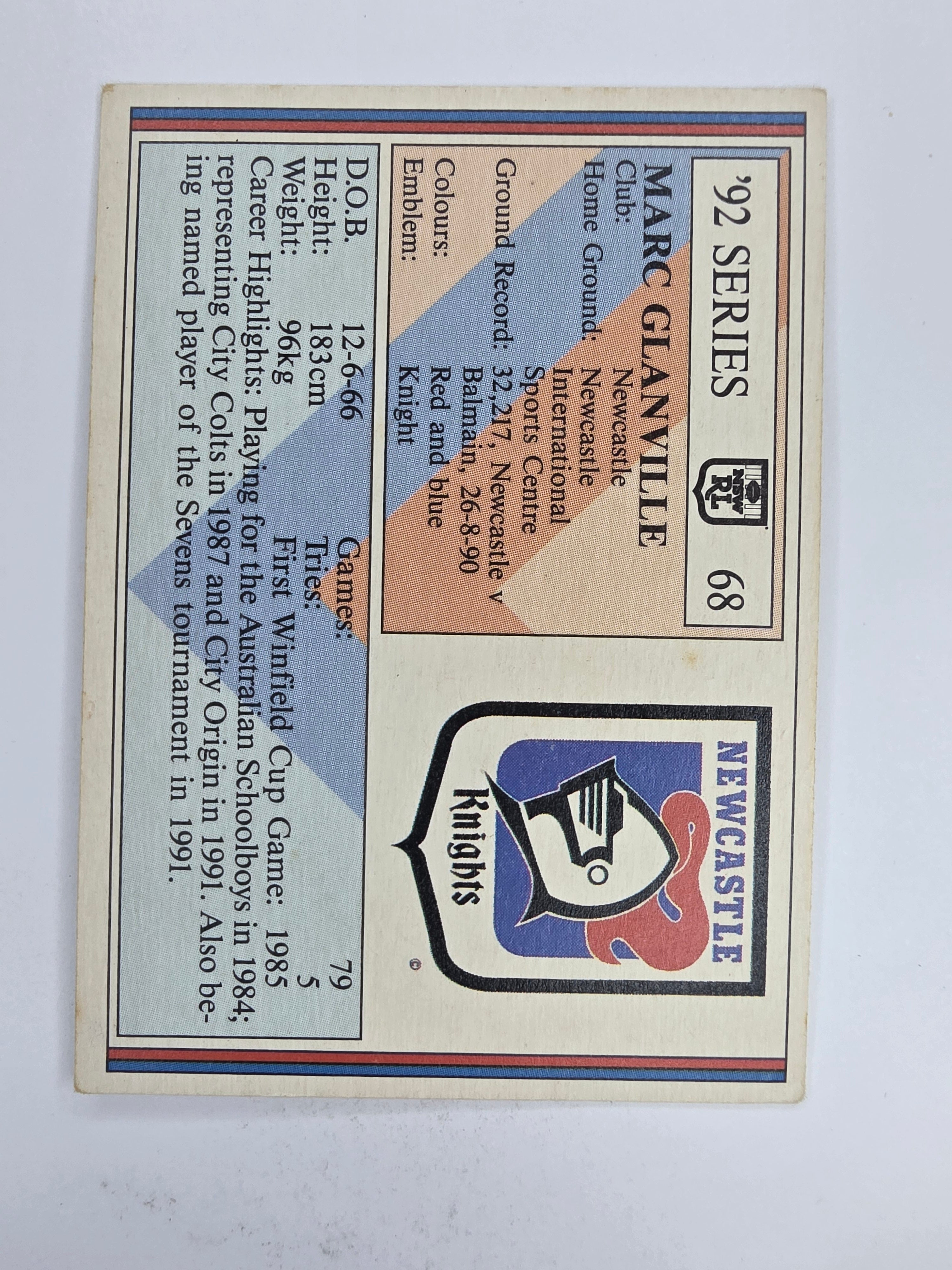NRL 1992 Regina Base Card #68 Marc Glanville Newcastle Knights