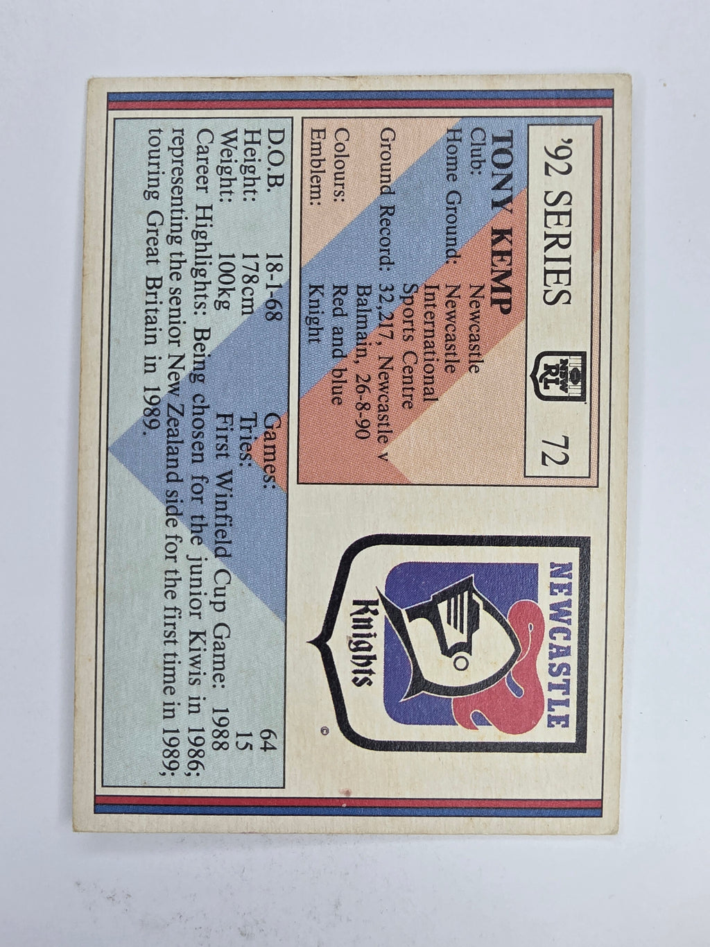 NRL 1992 Regina Base Card #72 Tony Kemp Newcastle Knights
