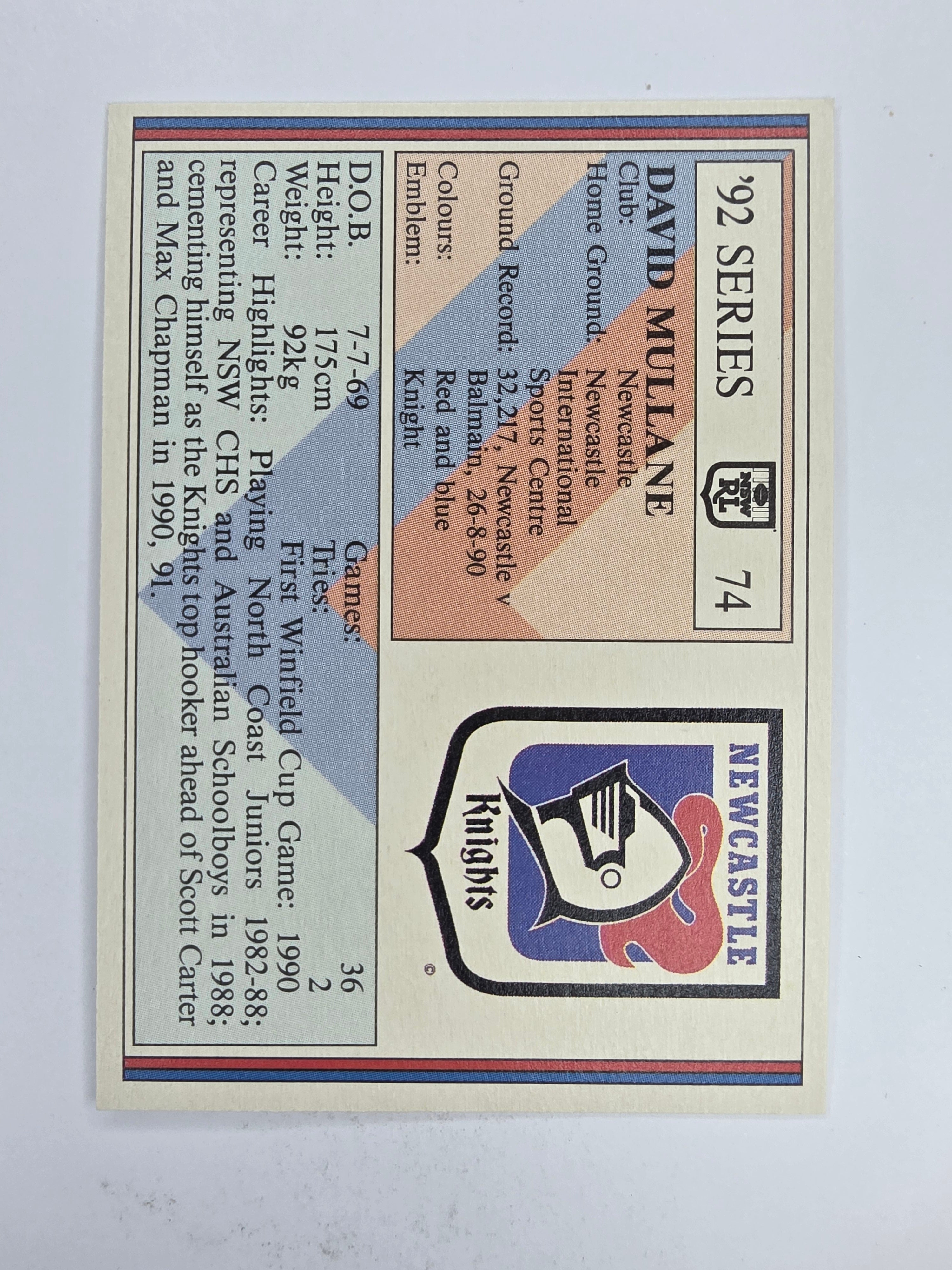 NRL 1992 Regina Base Card #74 David Mullane Newcastle Knights