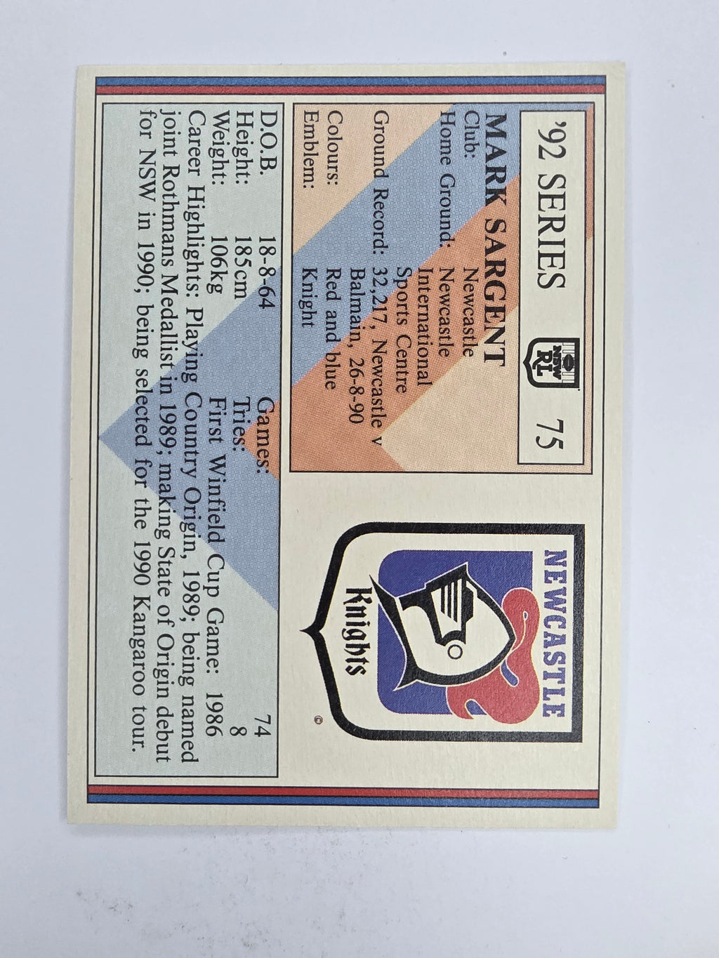NRL 1992 Regina Base Card #75 Mark Sargent Newcastle Knights