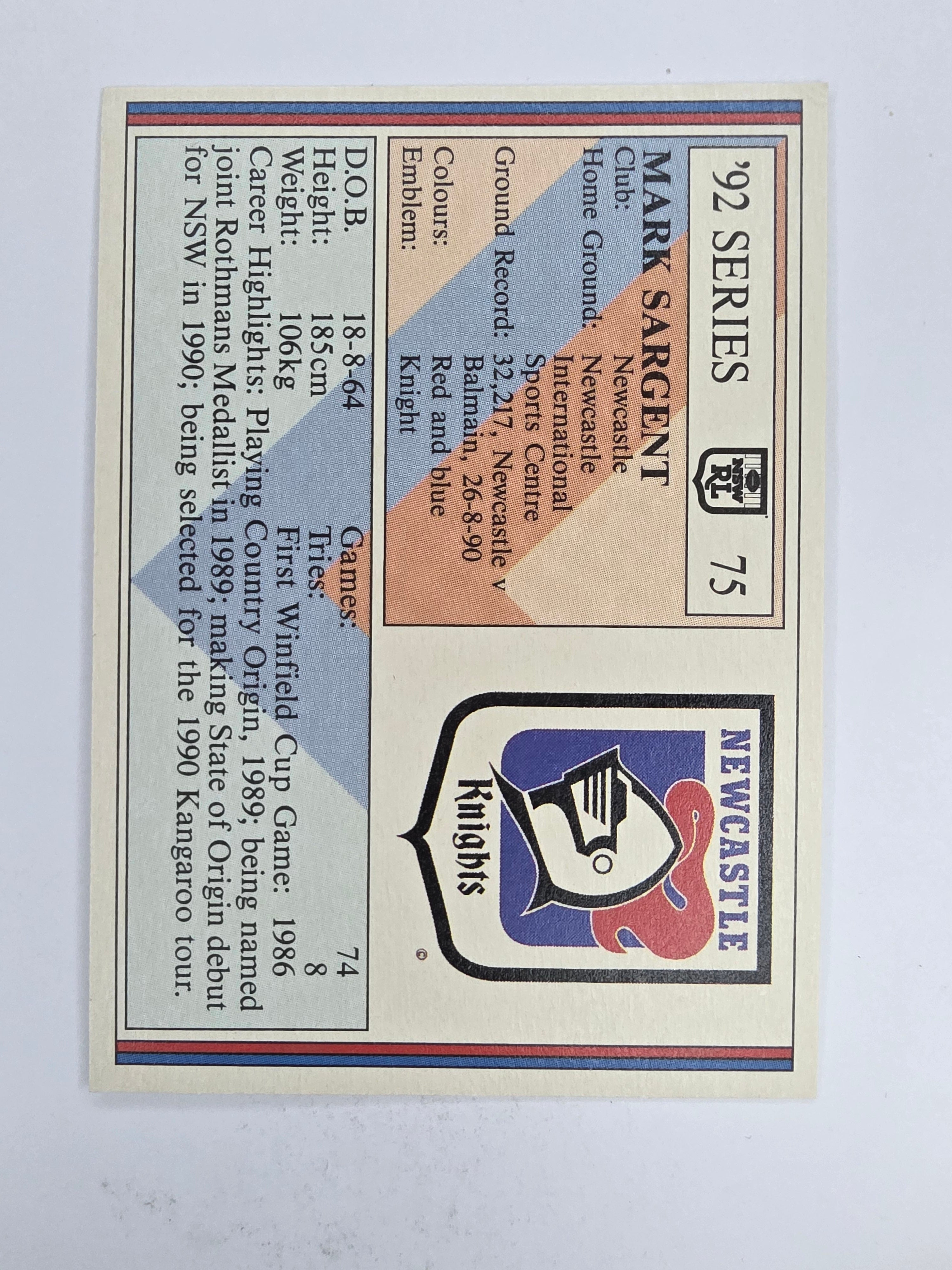 NRL 1992 Regina Base Card #75 Mark Sargent Newcastle Knights