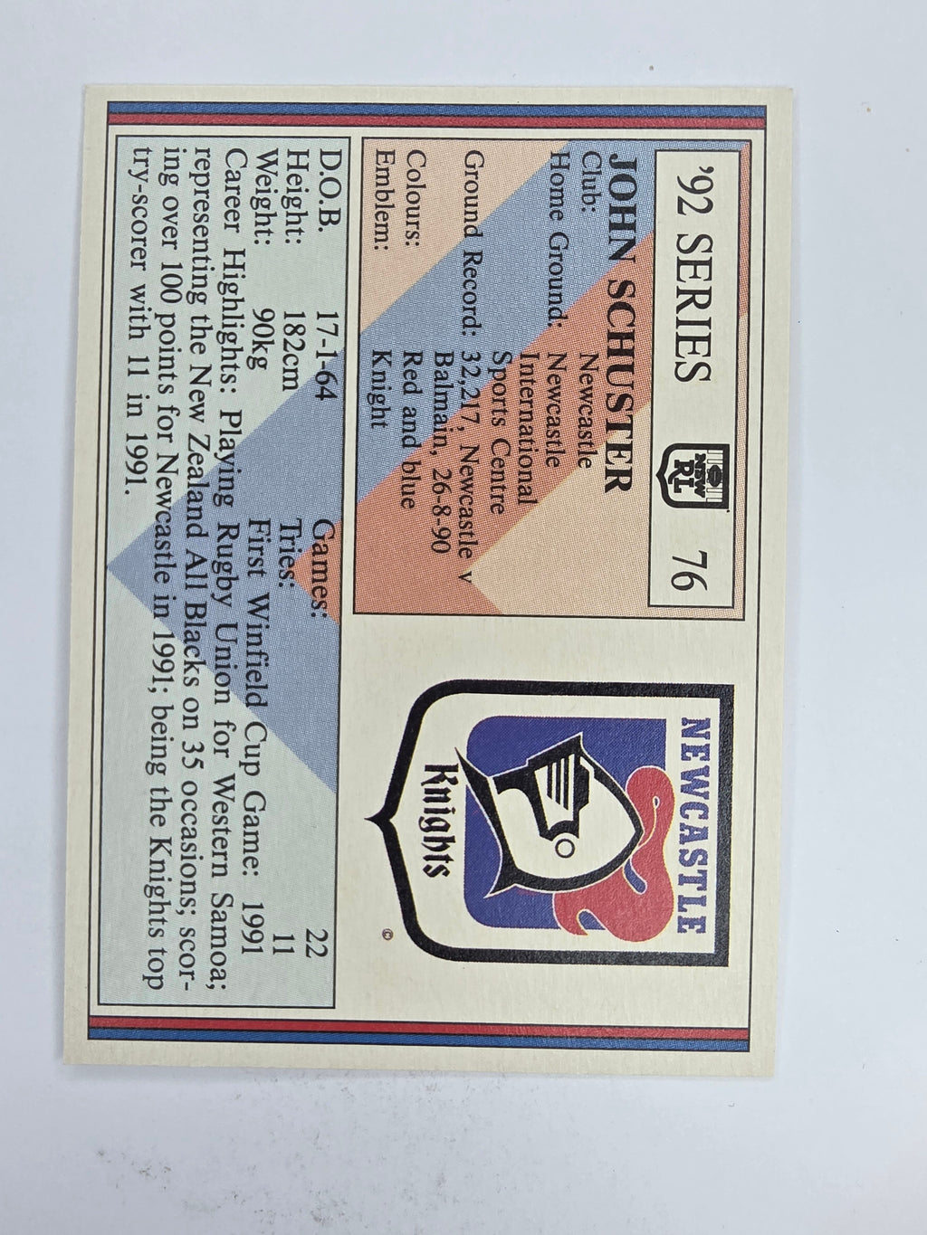NRL 1992 Regina Base Card #76 John Schuster Newcastle Knights