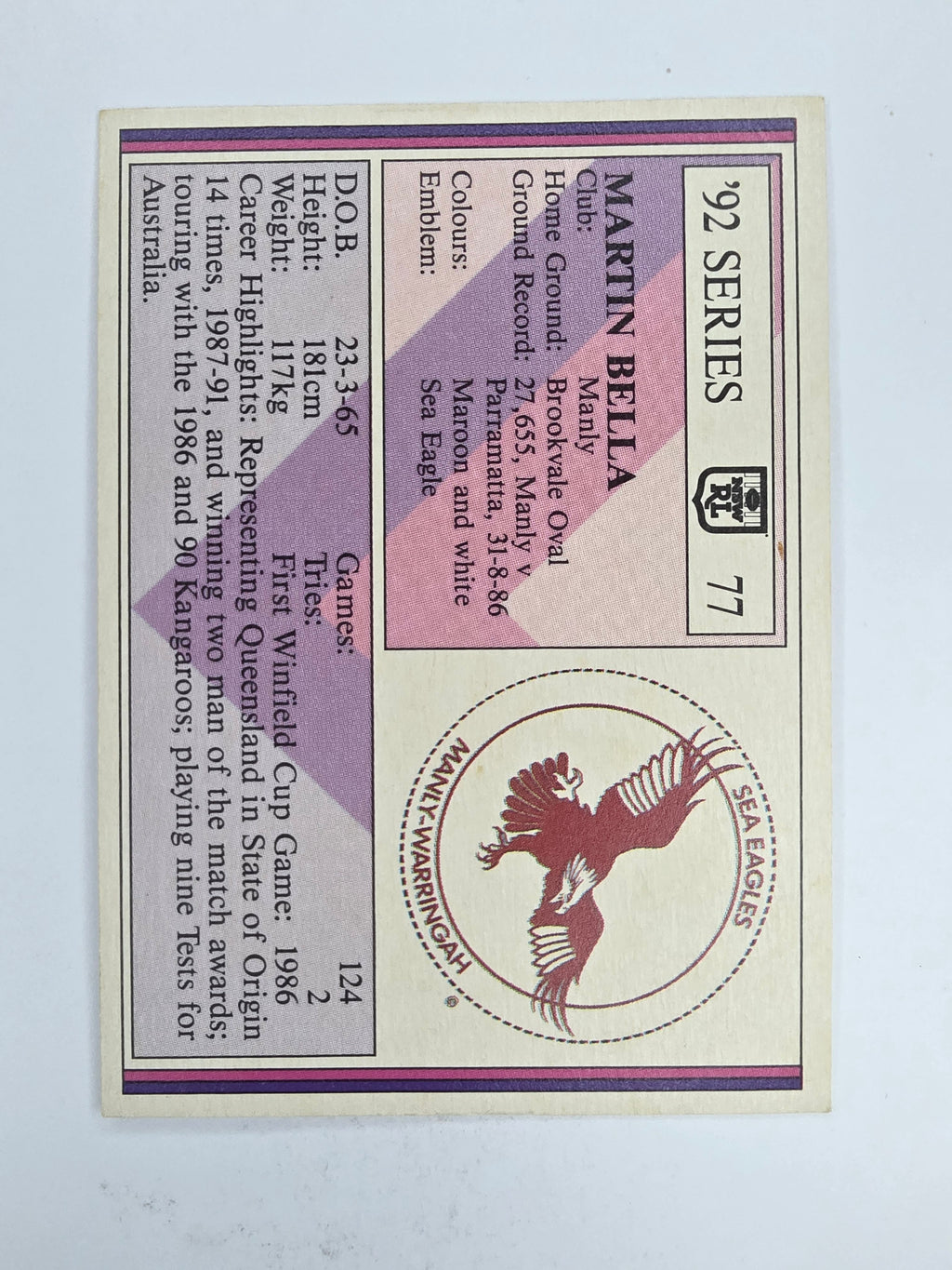 NRL 1992 Regina Base Card #77 Martin Bella Manly Warringah Sea Eagles