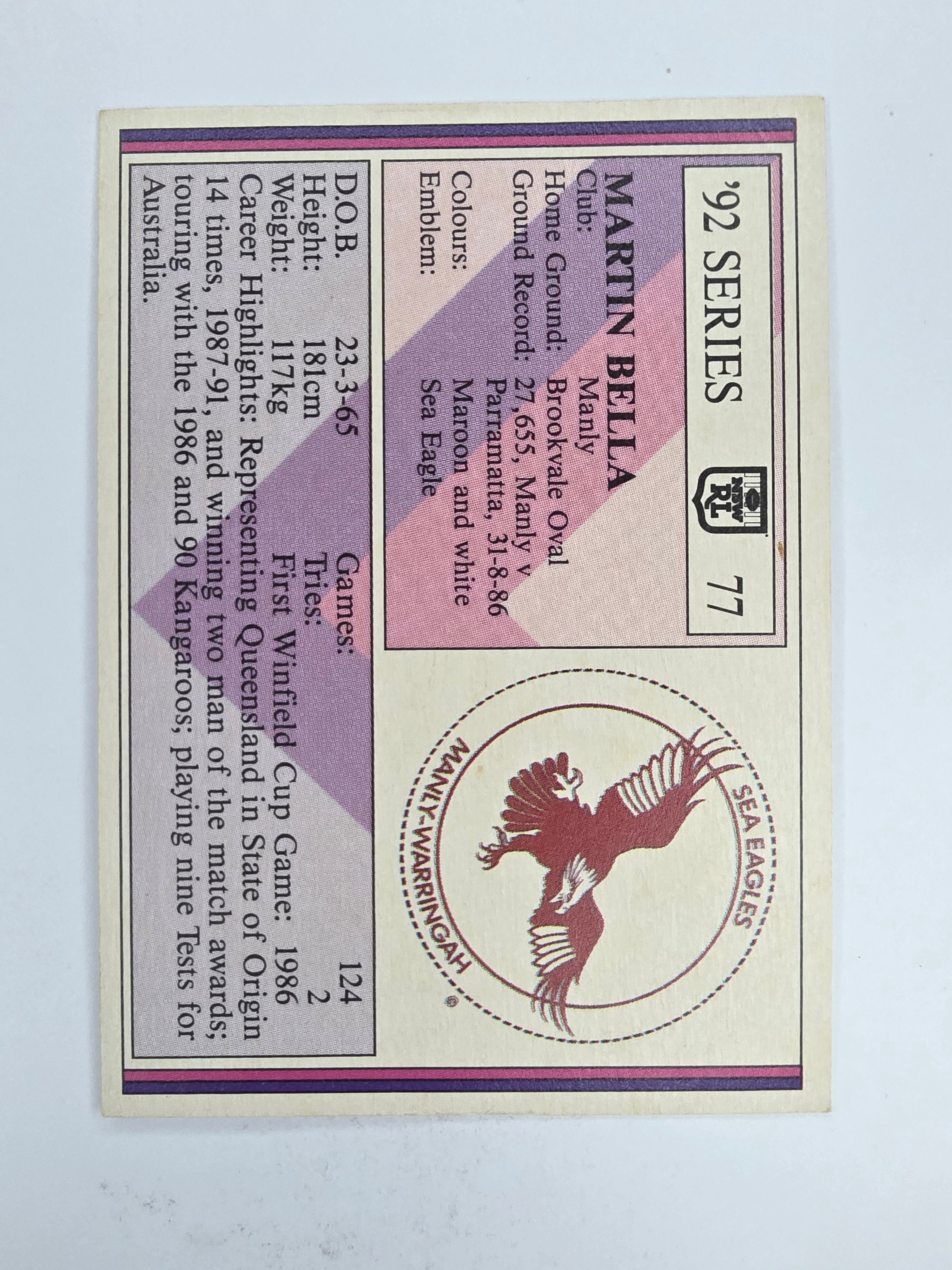 NRL 1992 Regina Base Card #77 Martin Bella Manly Warringah Sea Eagles