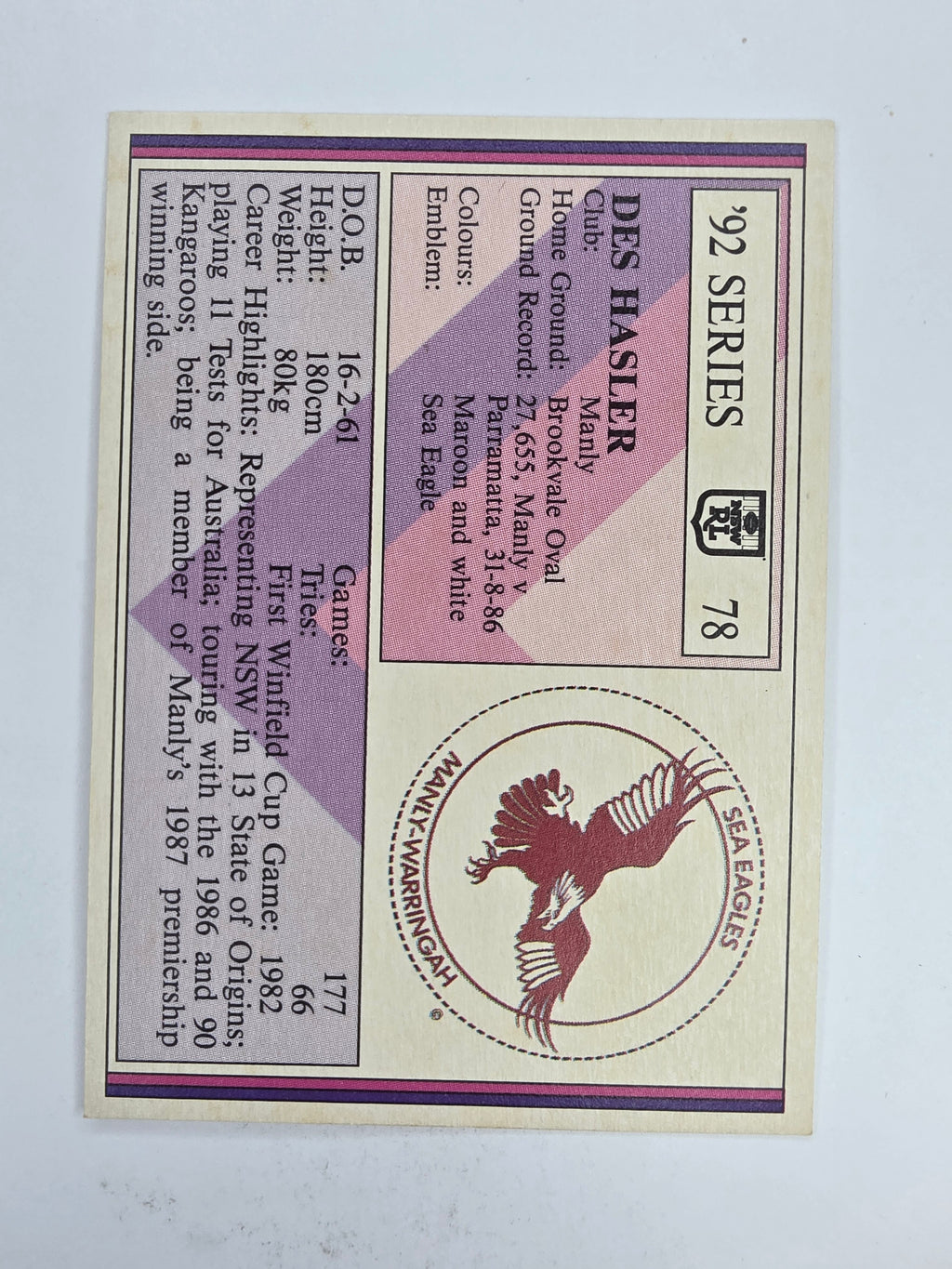NRL 1992 Regina Base Card #78 Des Hasler Manly Warringah Sea Eagles