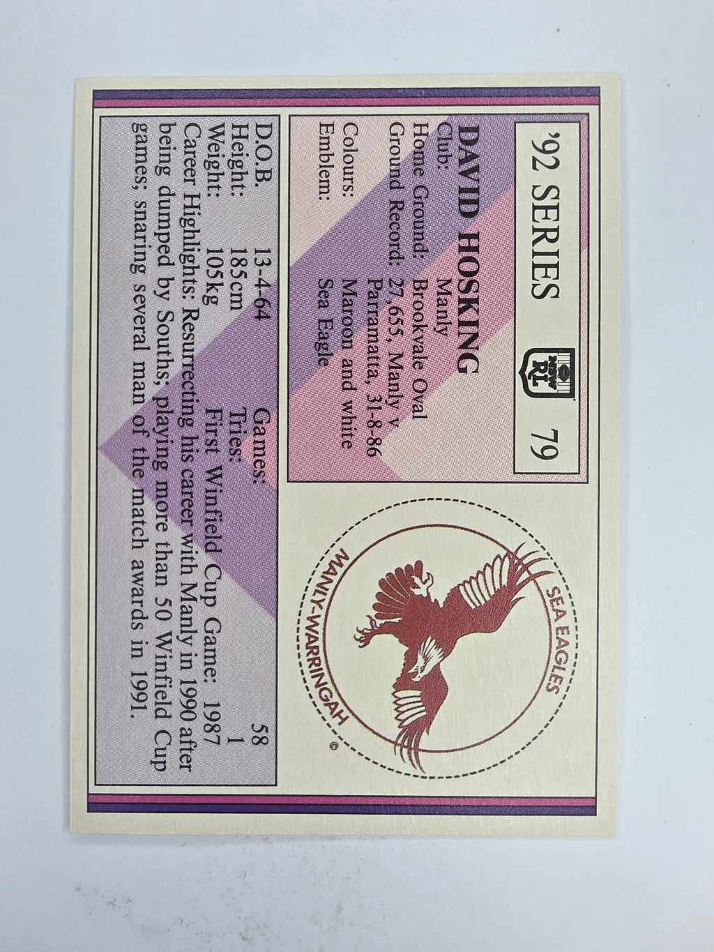 NRL 1992 Regina Base Card #79 David Hosking Manly Warringah Sea Eagles