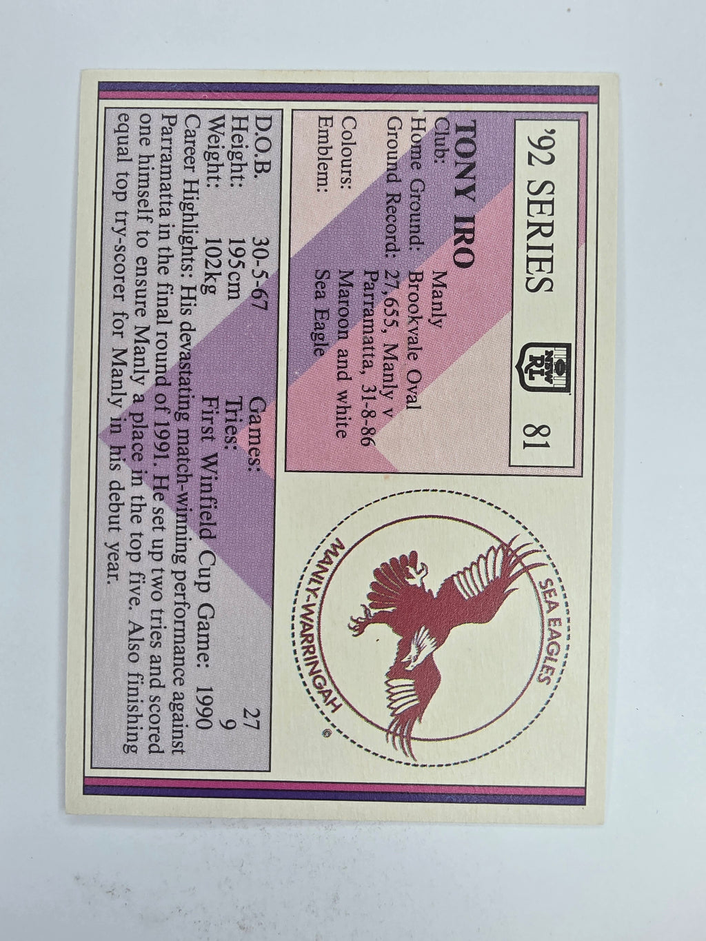 NRL 1992 Regina Base Card #81 Tony Iro Manly Warringah Sea Eagles *damaged*