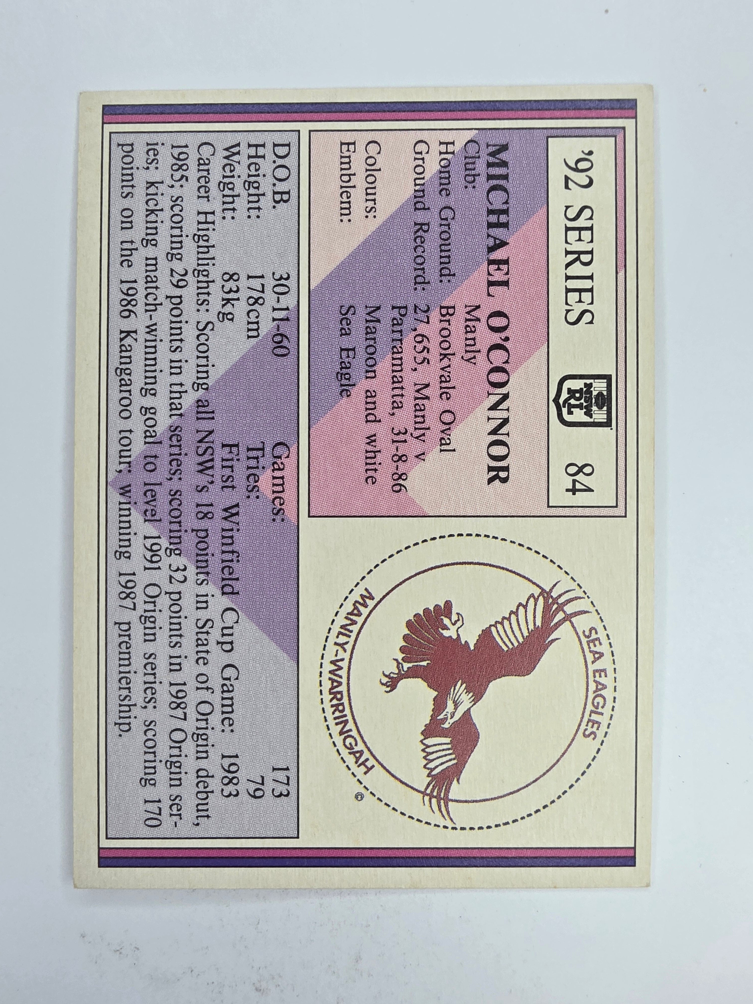 NRL 1992 Regina Base Card #84 Michael O'Connor Manly Warringah Sea Eagles