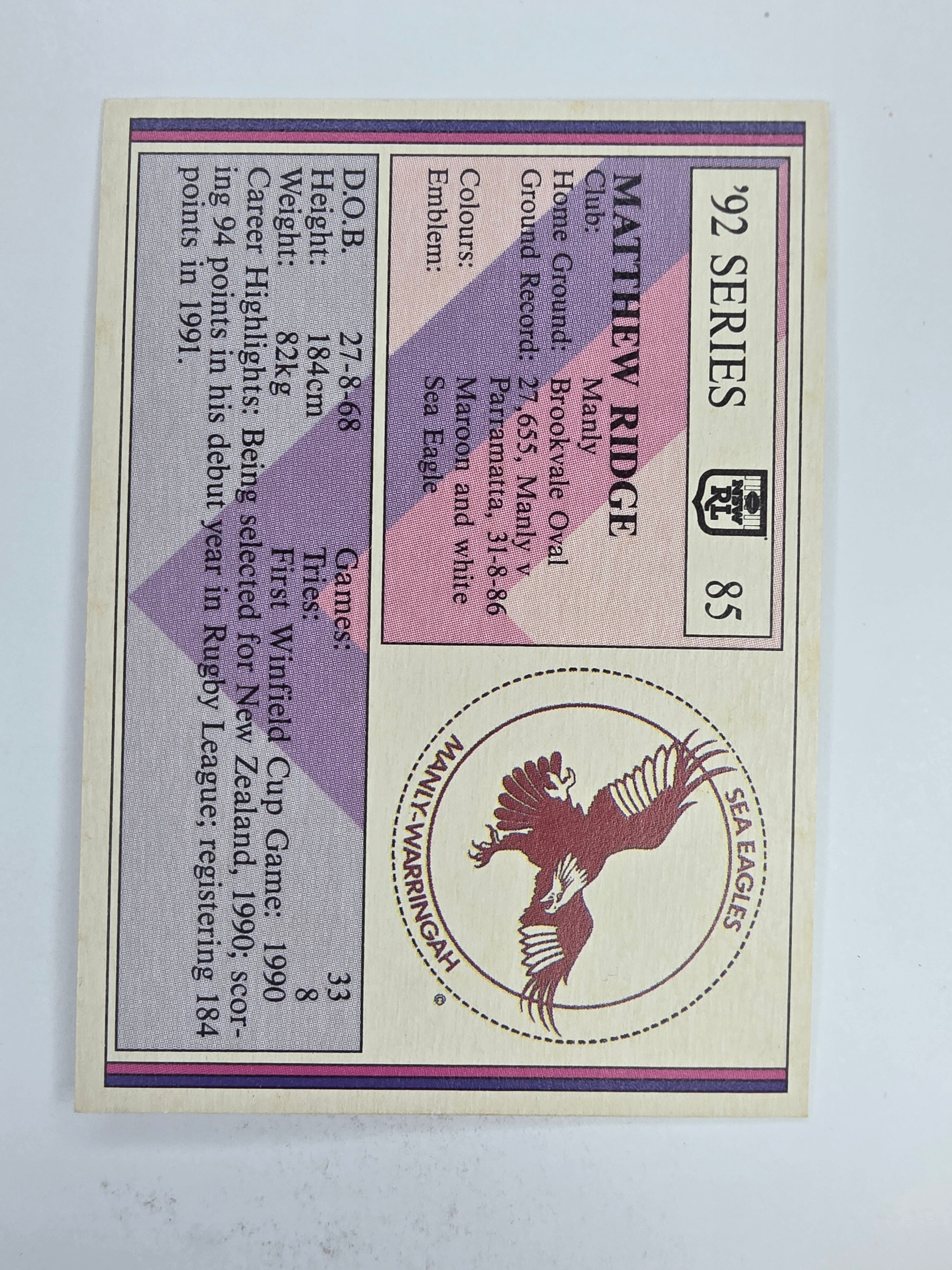 NRL 1992 Regina Base Card #85 Matthew Ridge Manly Warringah Sea Eagles