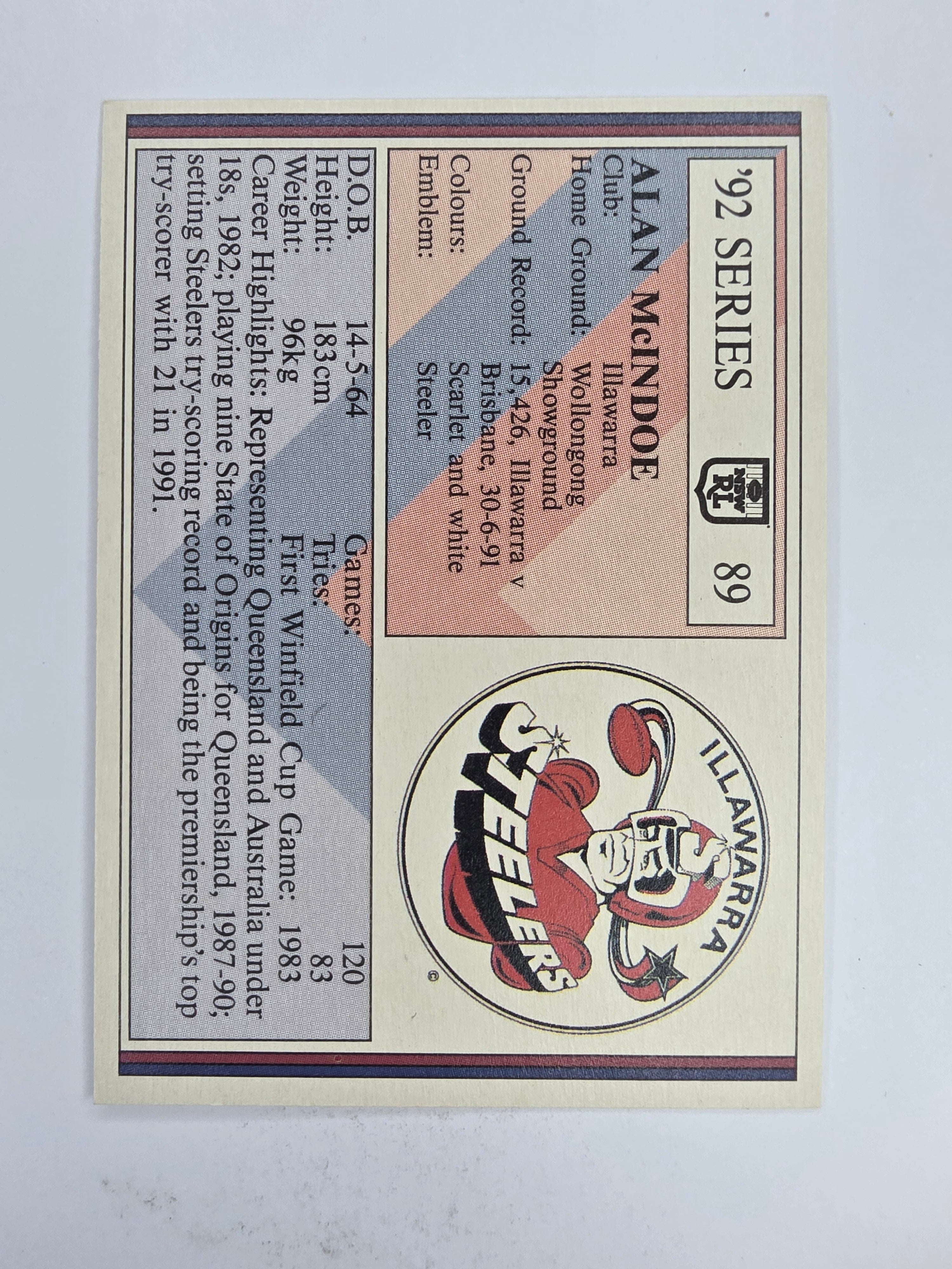 NRL 1992 Regina Base Card #89 Alan McIndoe Illawarra Steelers