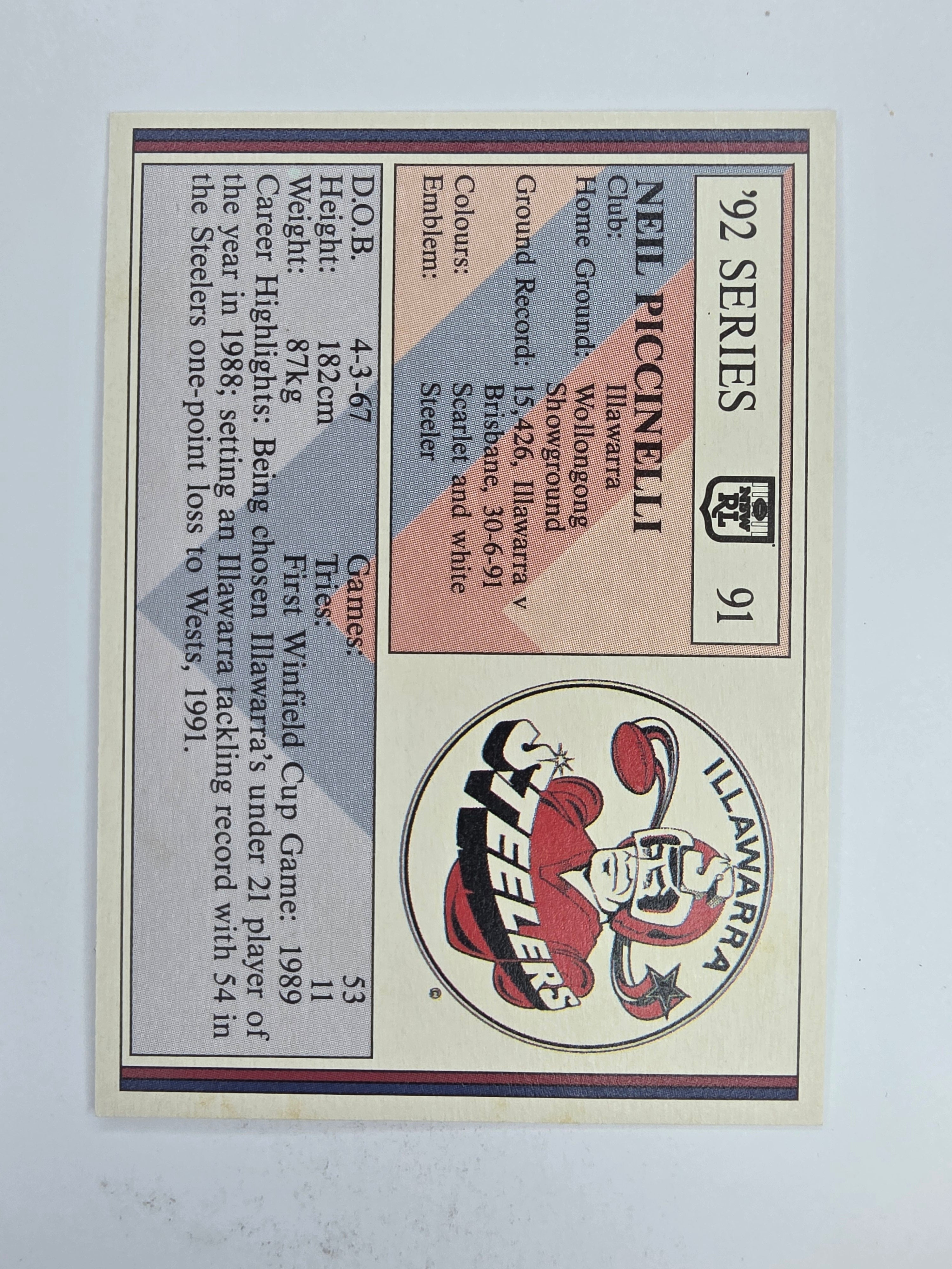 NRL 1992 Regina Base Card #91 Neil Piccinelli Illawarra Steelers