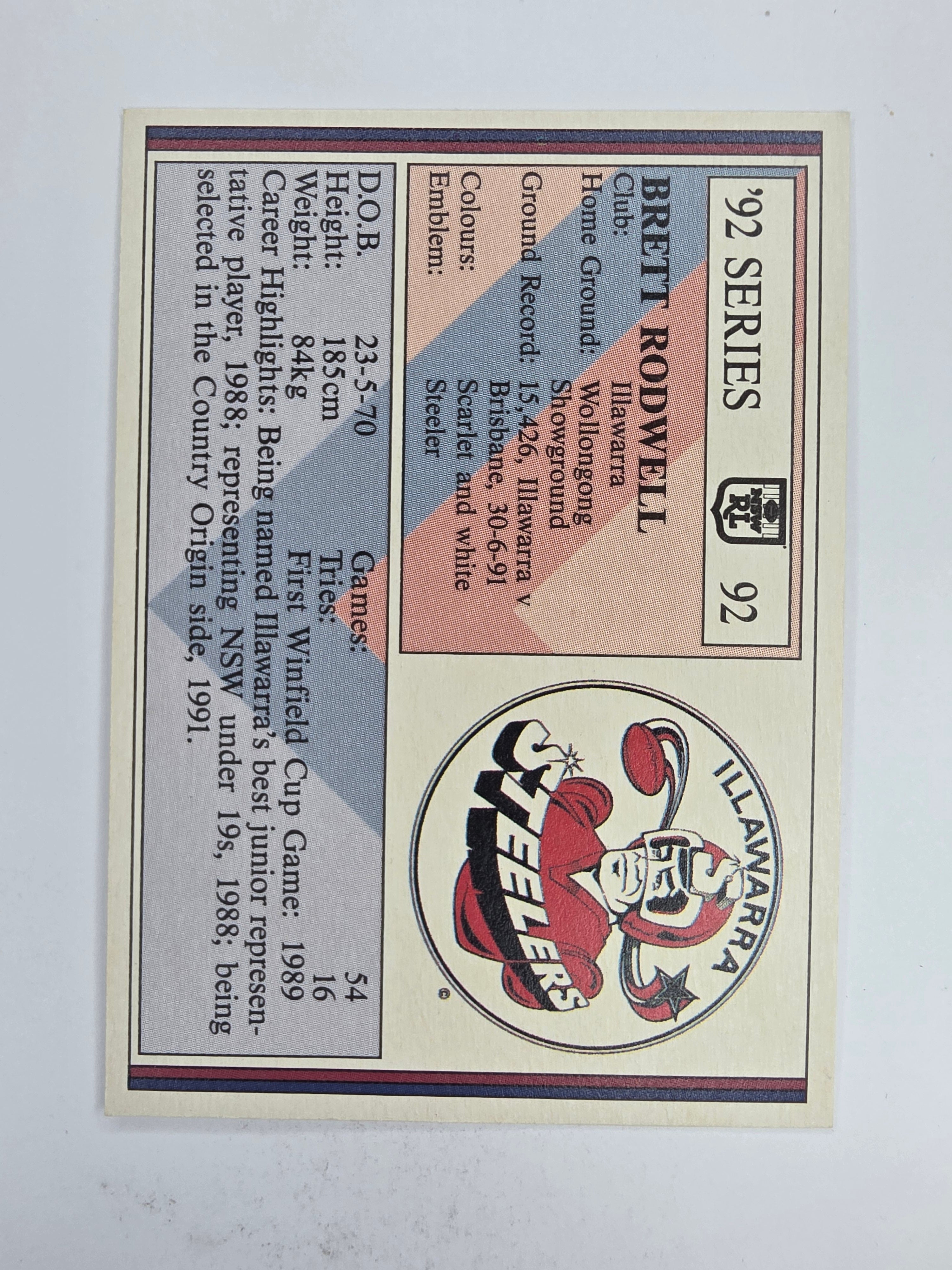 NRL 1992 Regina Base Card #92 Brett Rodwell Illawarra Steelers