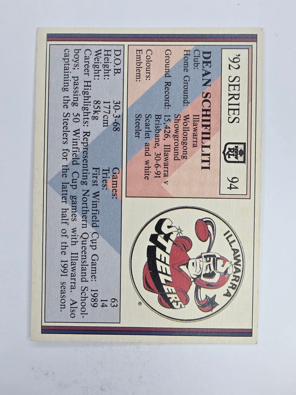 NRL 1992 Regina Base Card #94 Dean Schifilliti Illawarra Steelers