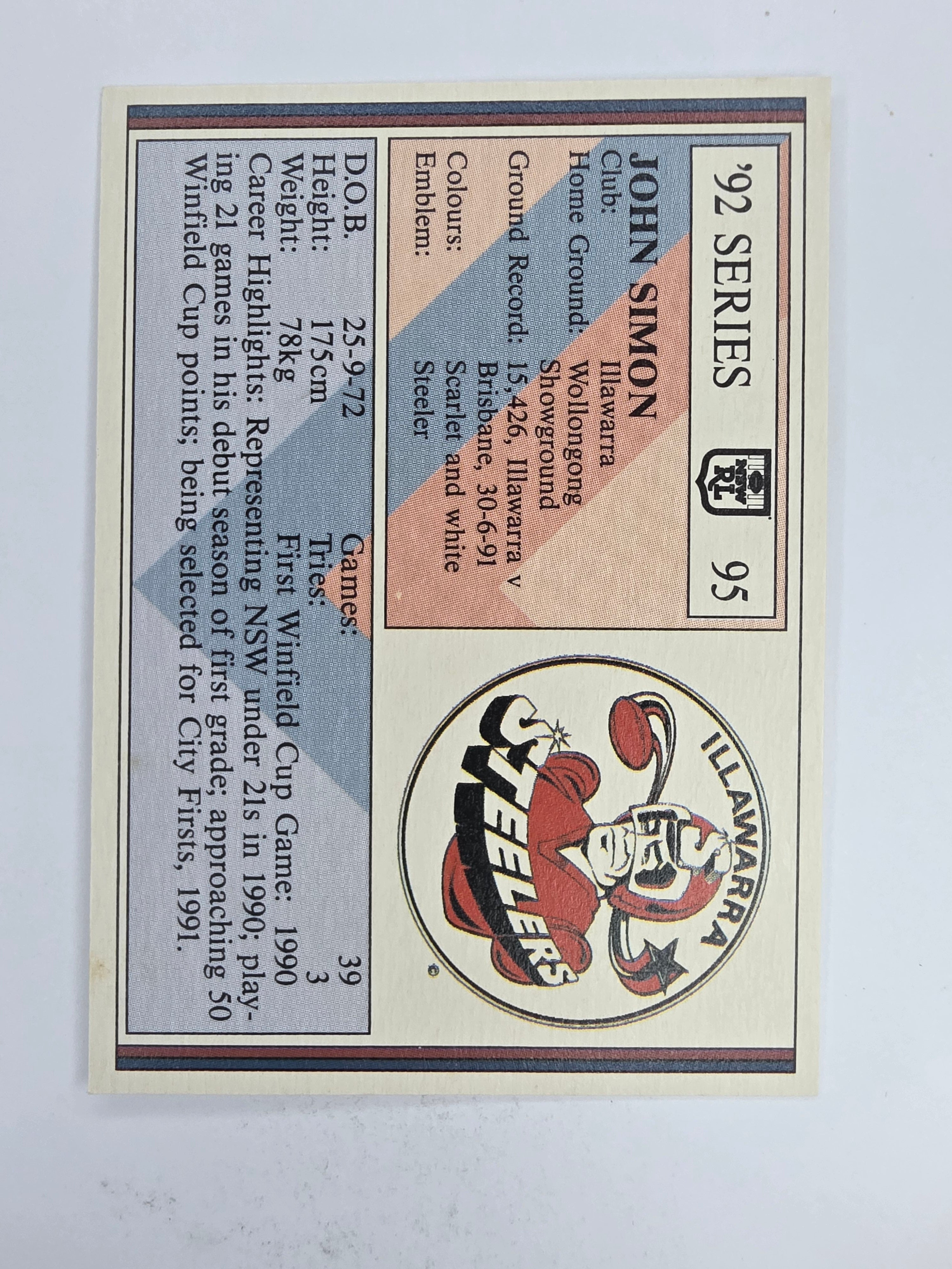 NRL 1992 Regina Base Card #95 John Simon Illawarra Steelers