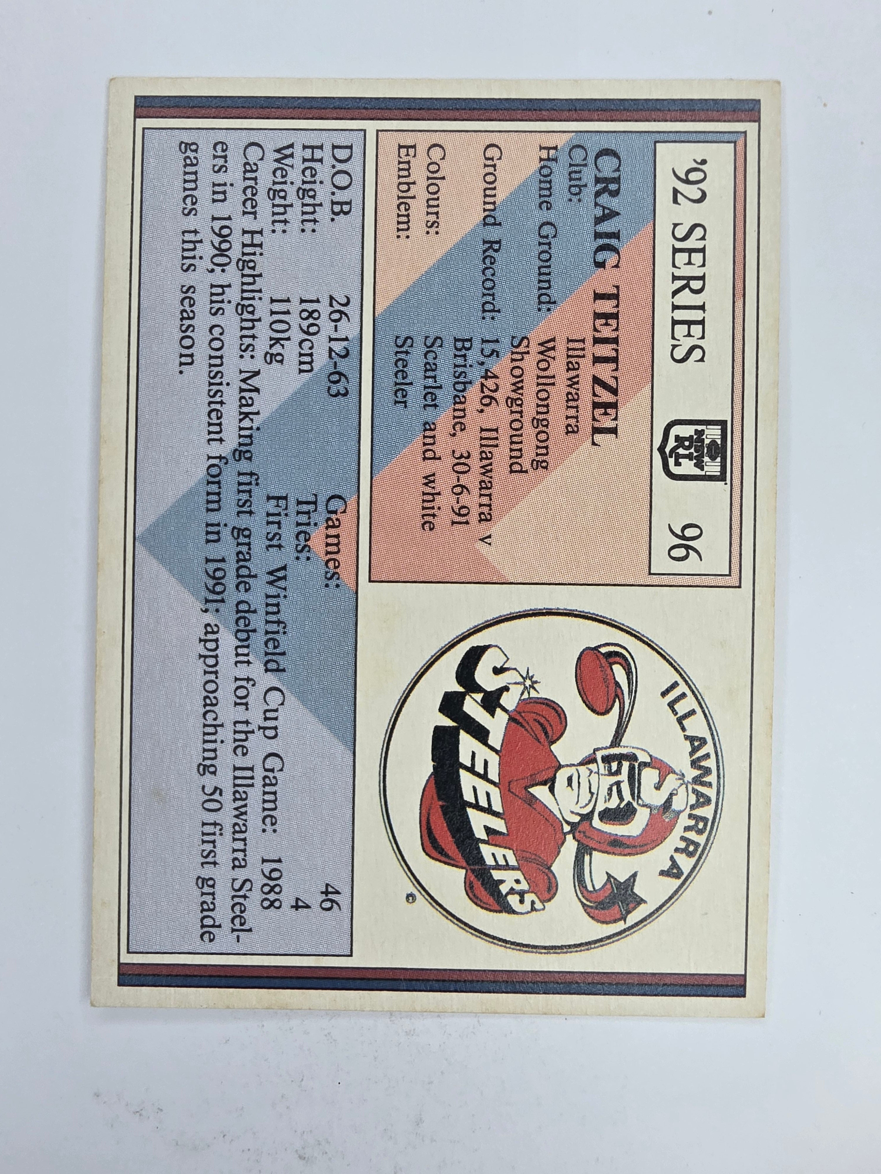 NRL 1992 Regina Base Card #96 Craig Teitzel Illawarra Steelers