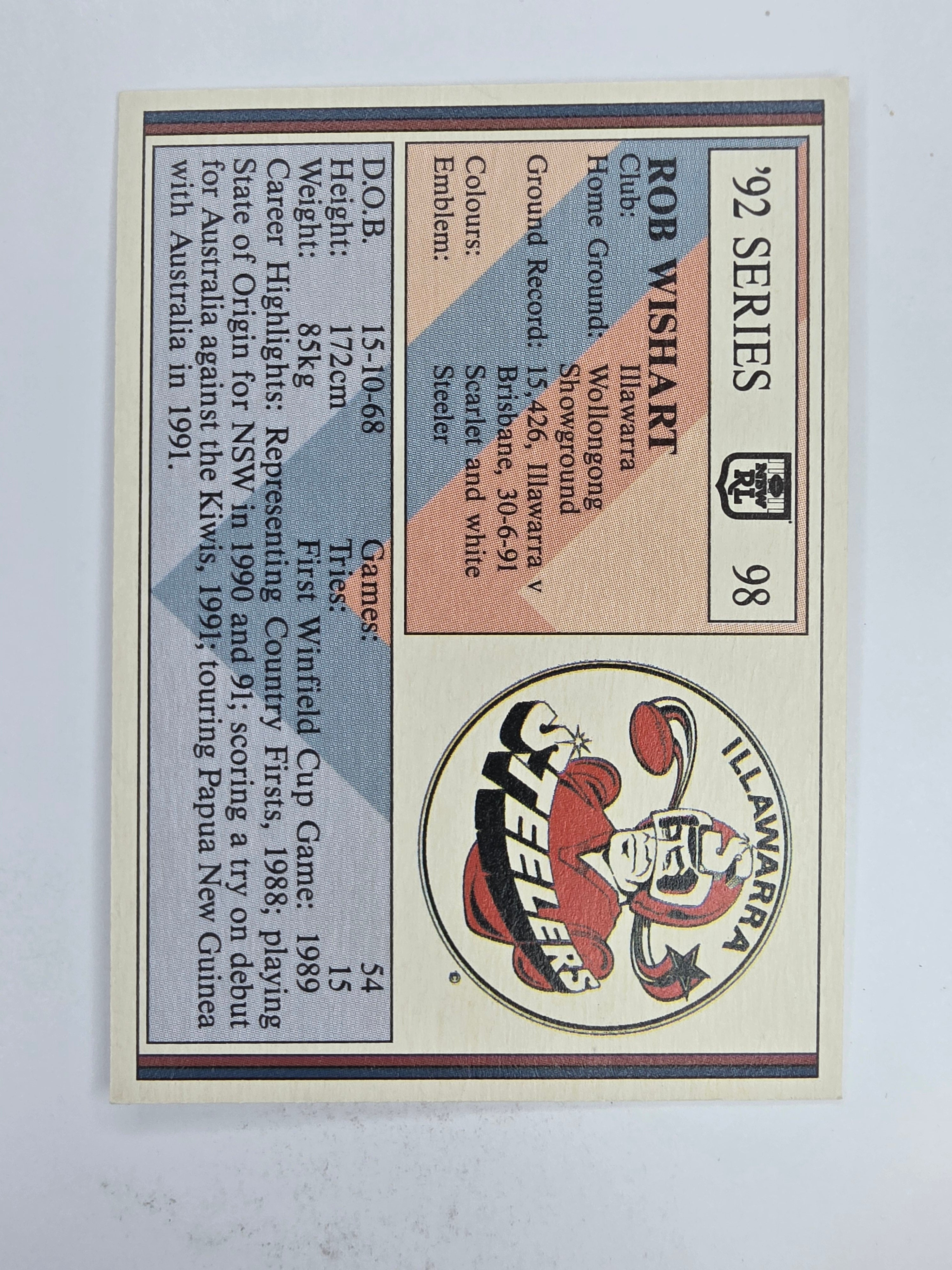 NRL 1992 Regina Base Card #98 Rod Wishart Illawarra Steelers