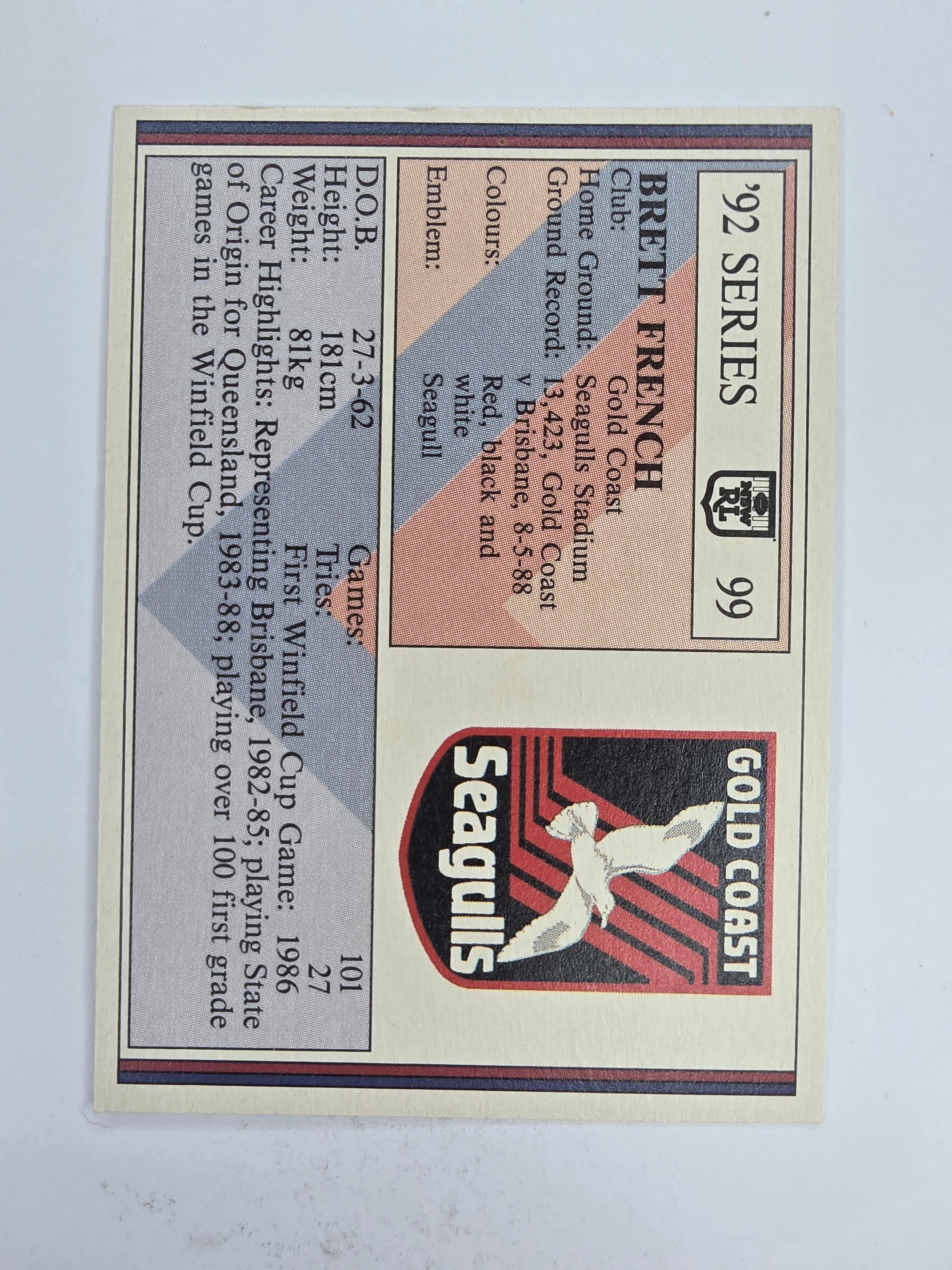NRL 1992 Regina Base Card #99 Brett French Gold Coast Seagulls