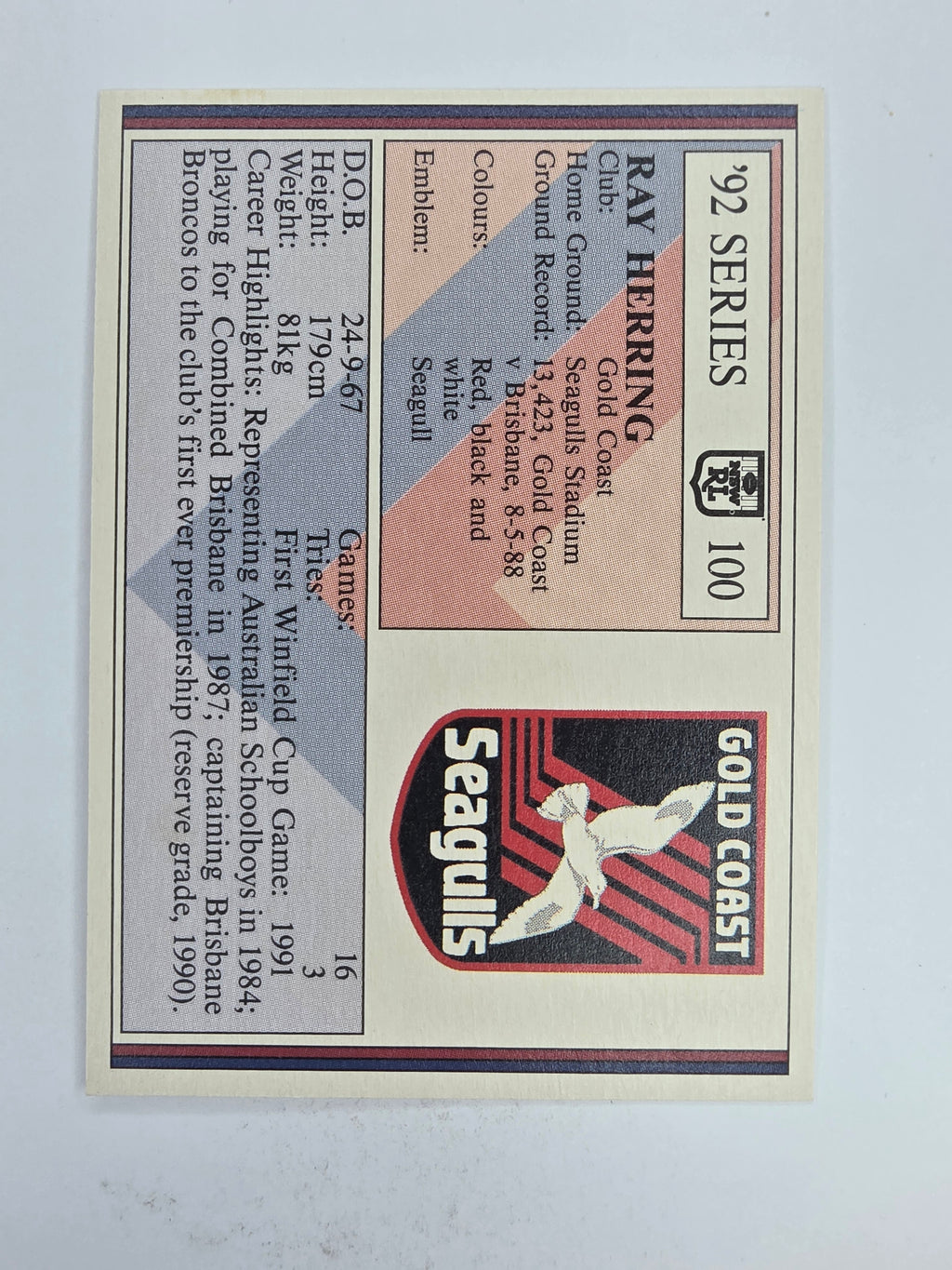 NRL 1992 Regina Base Card #100 Ray Herring Gold Coast Seagulls