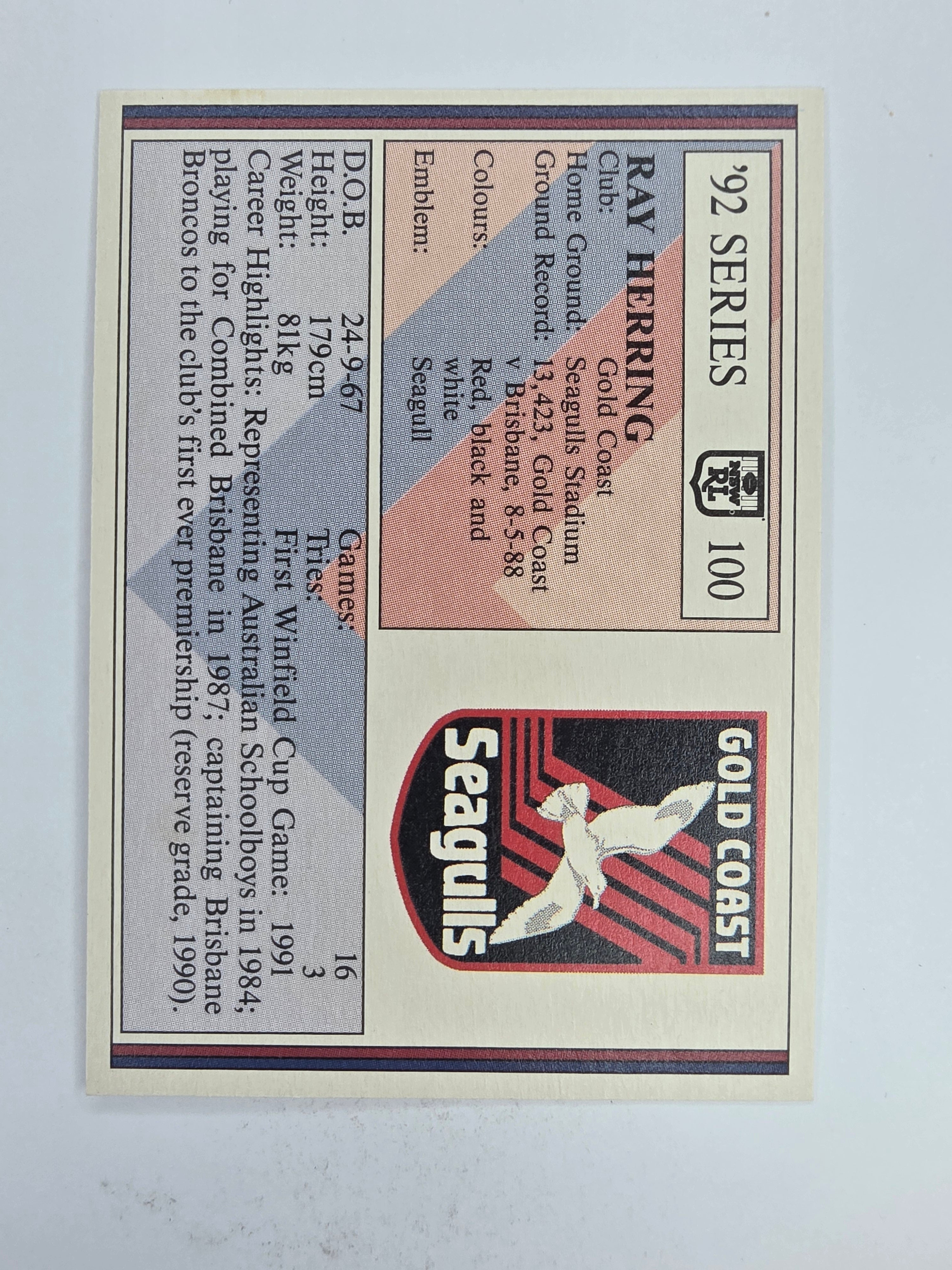 NRL 1992 Regina Base Card #100 Ray Herring Gold Coast Seagulls