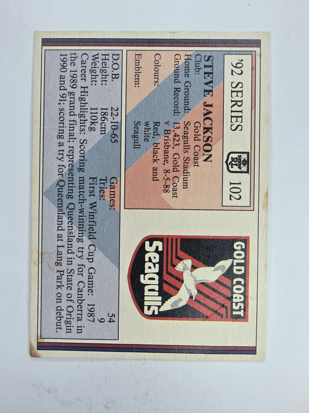 NRL 1992 Regina Base Card #102 Steve Jackson Gold Coast Seagulls *damaged*