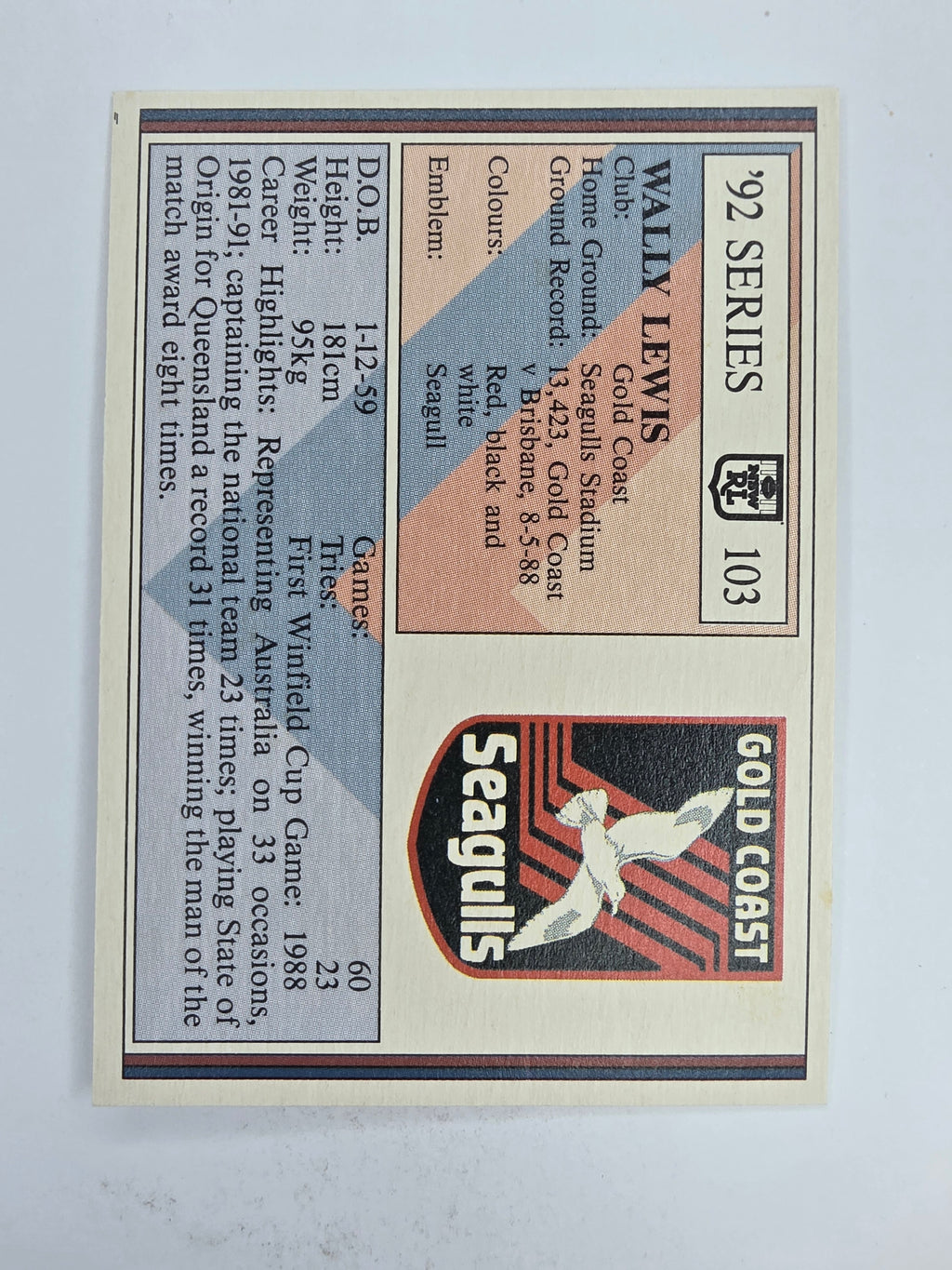 NRL 1992 Regina Base Card #103 Wally Lewis Gold Coast Seagulls