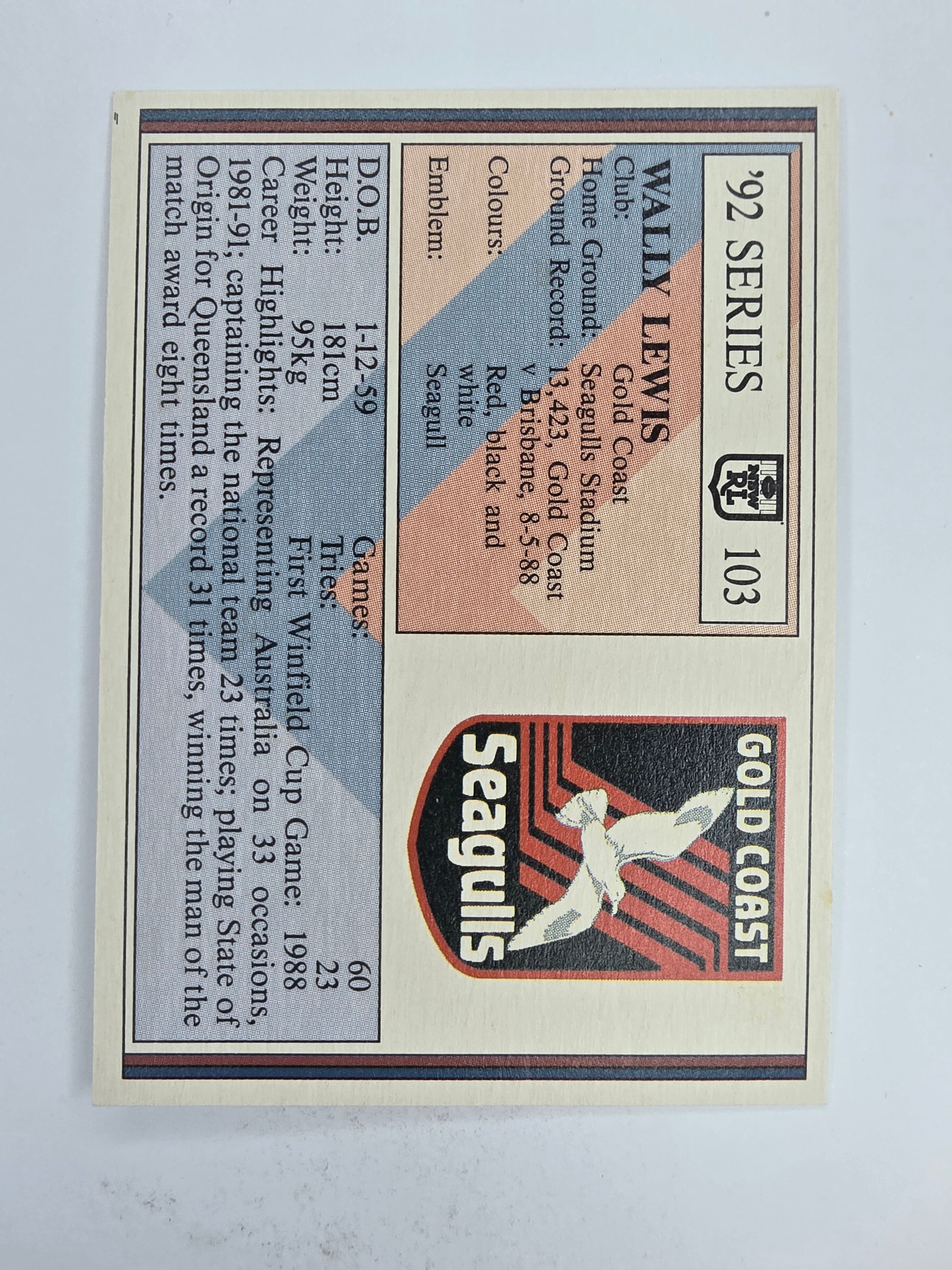 NRL 1992 Regina Base Card #103 Wally Lewis Gold Coast Seagulls