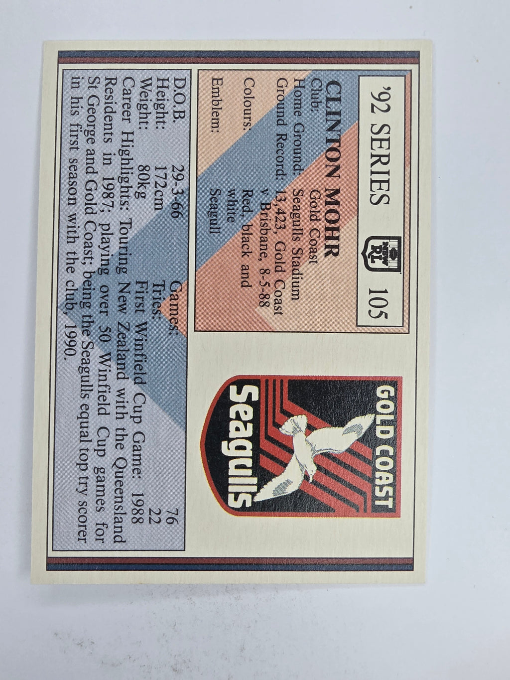 NRL 1992 Regina Base Card #105 Clinton Mohr Gold Coast Seagulls