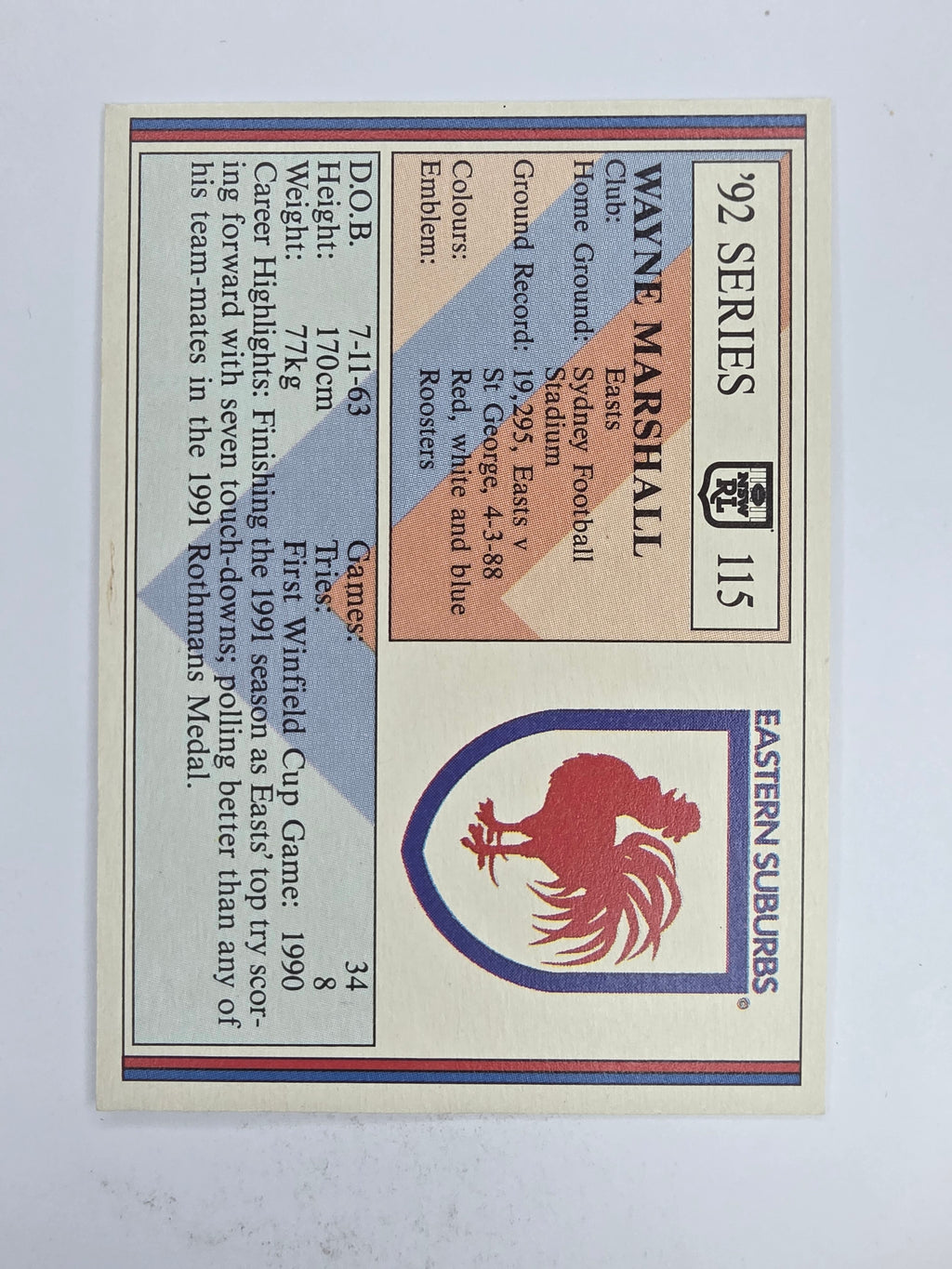 NRL 1992 Regina Base Card #115 Wayne Marshall Eastern Suburbs Roosters