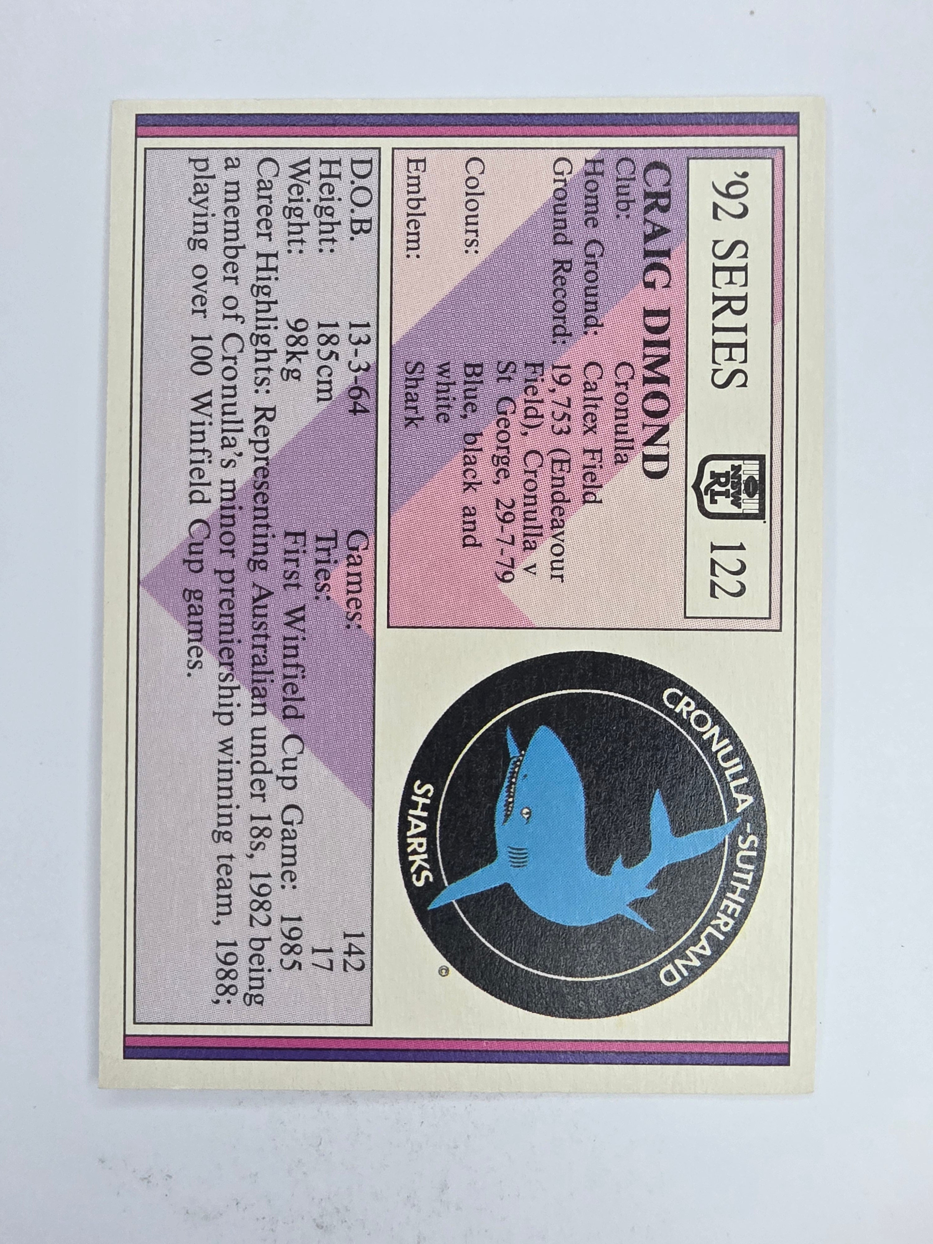 NRL 1992 Regina Base Card #122 Craig Dimond Cronulla Sutherland Sharks