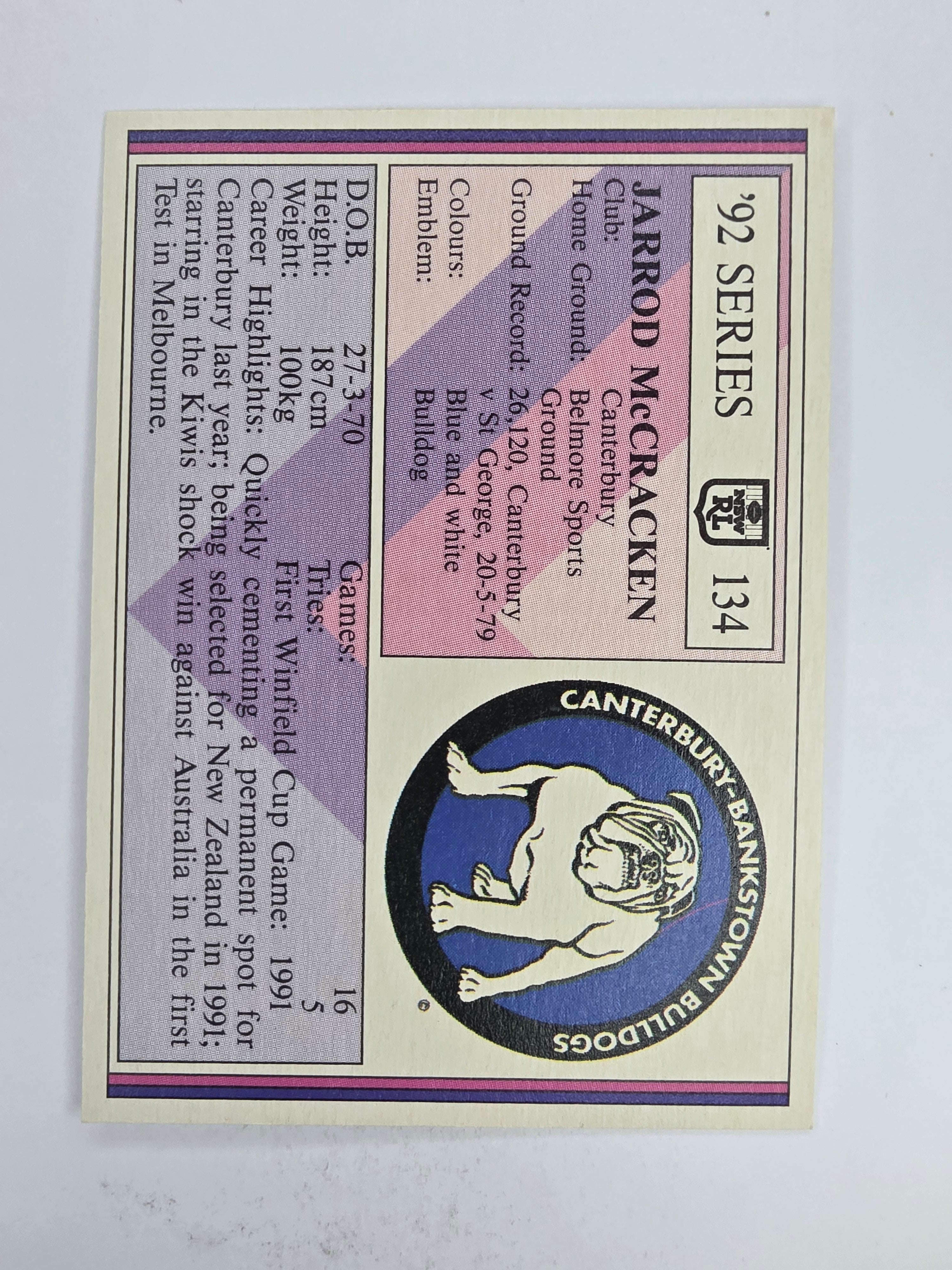 NRL 1992 Regina Base Card #134 Jarrod McCracken Canterbury Bankstown Bulldogs