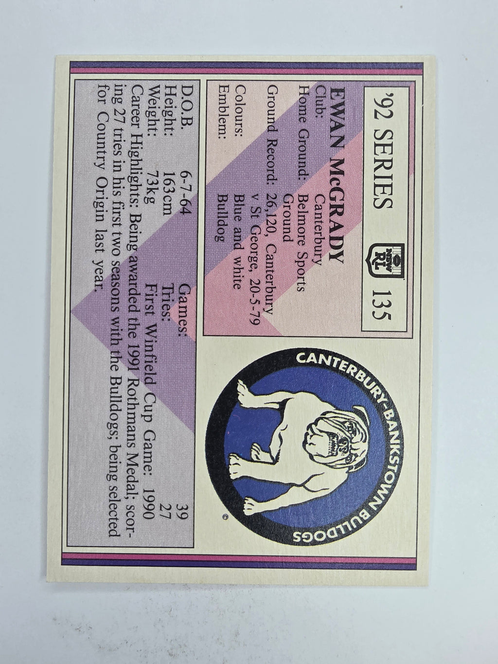 NRL 1992 Regina Base Card #135 Ewen McGrady Canterbury Bankstown Bulldogs