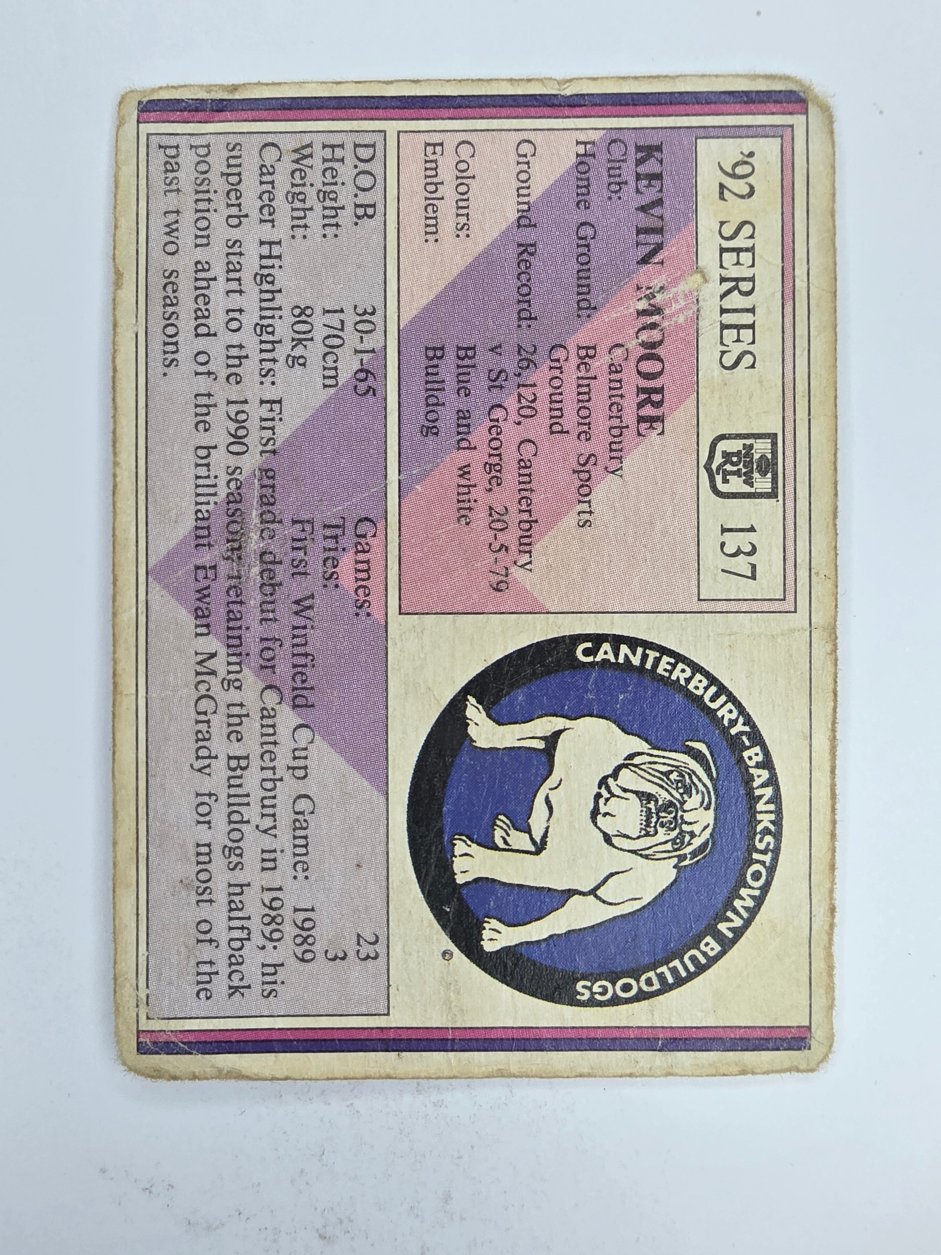 NRL 1992 Regina Base Card #137 Kevin Moore Canterbury Bankstown Bulldogs *damaged*