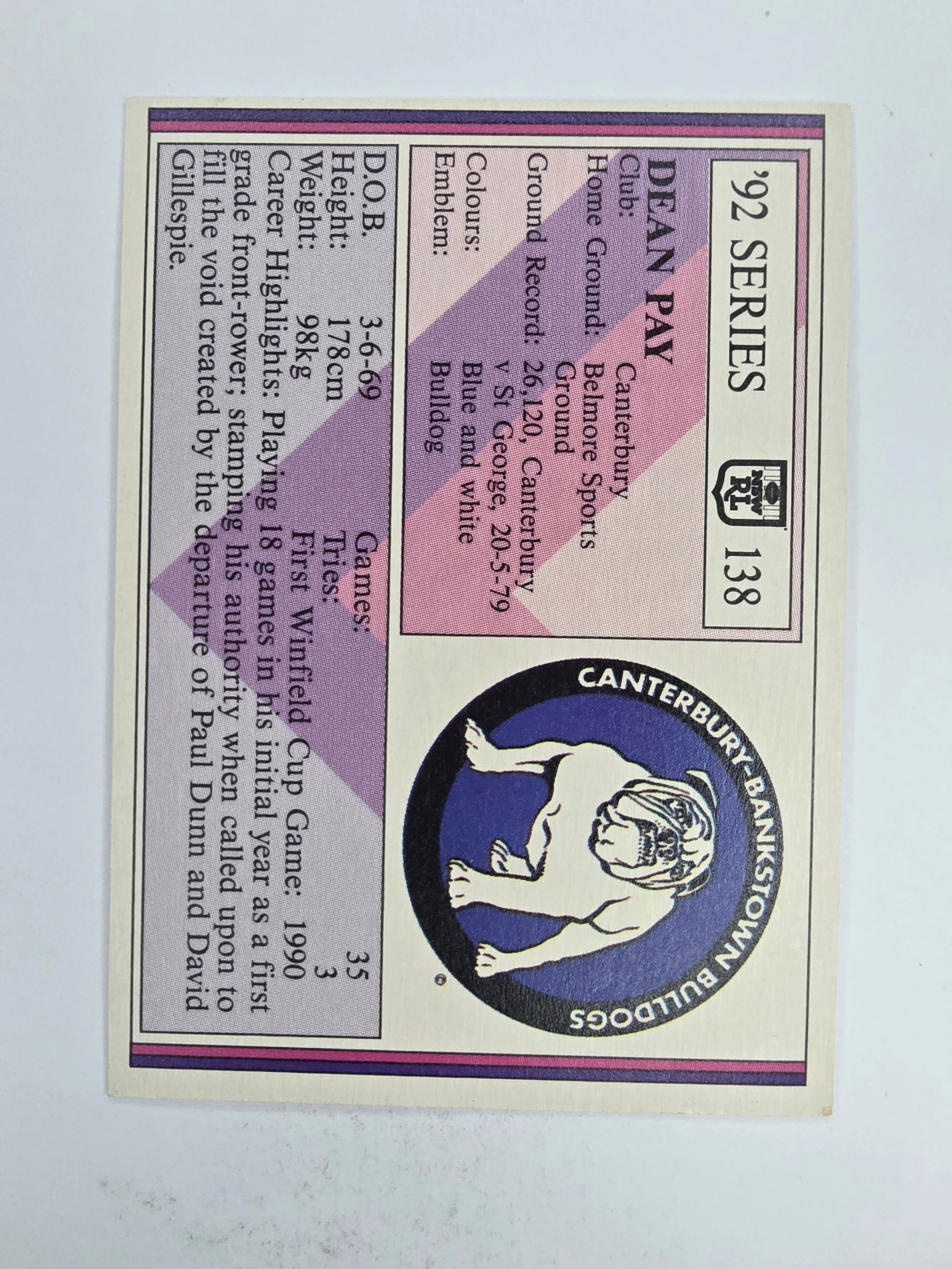 NRL 1992 Regina Base Card #138 Dean Pay Canterbury Bankstown Bulldogs