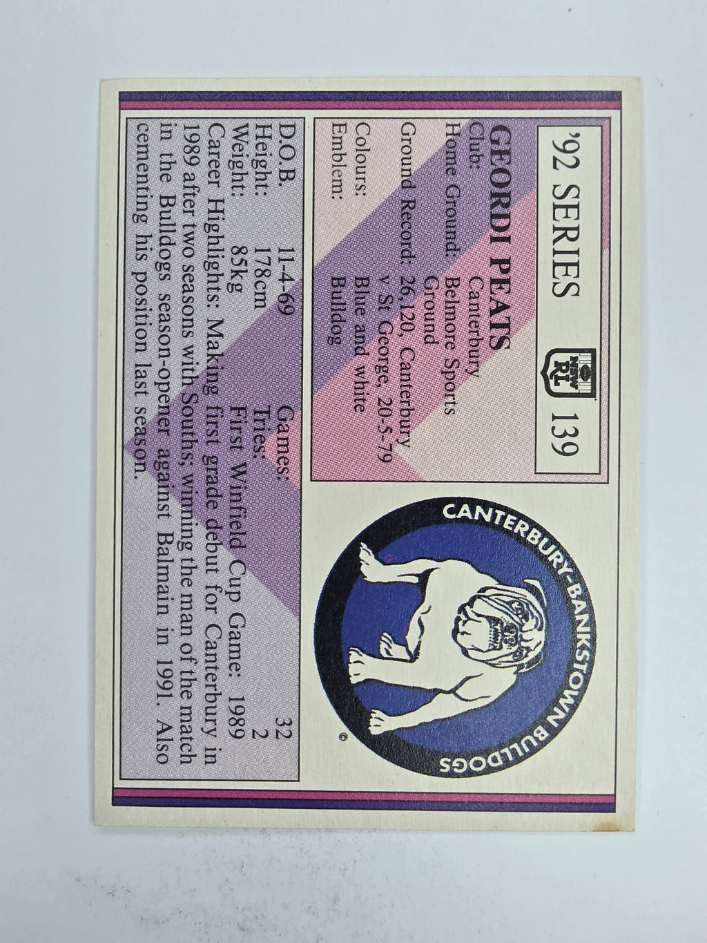 NRL 1992 Regina Base Card #139 Geordi Peats Canterbury Bankstown Bulldogs