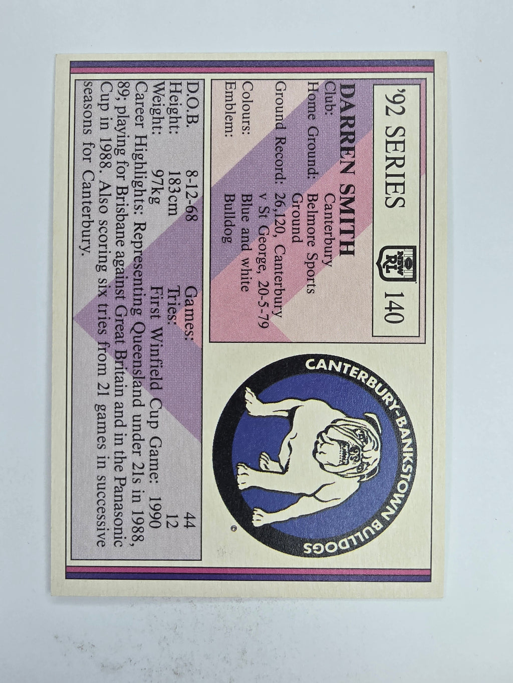 NRL 1992 Regina Base Card #140 Darren Smith Canterbury Bankstown Bulldogs