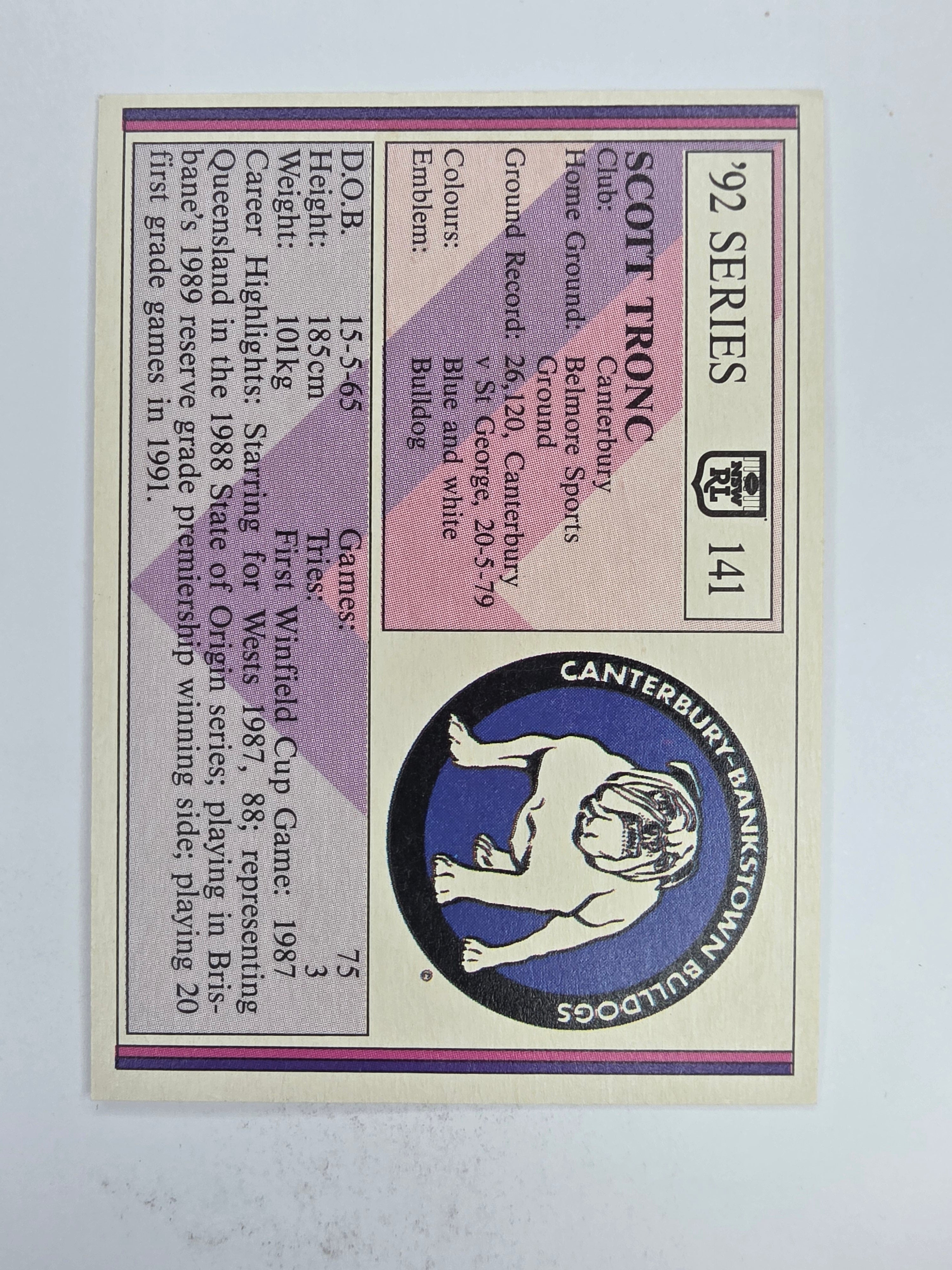 NRL 1992 Regina Base Card #141 Scott Tronc Canterbury Bankstown Bulldogs