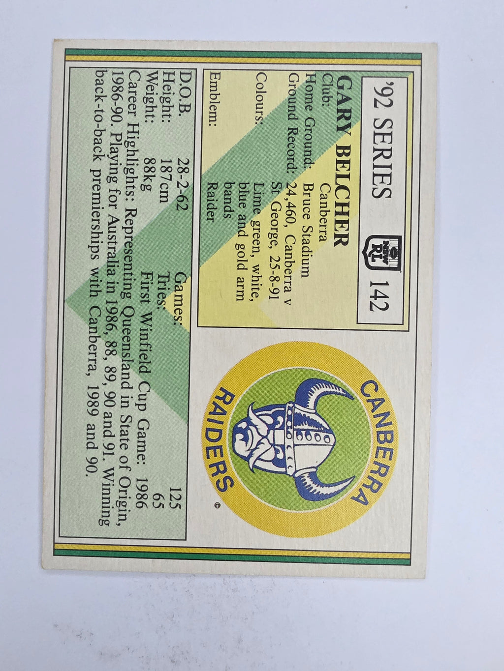 NRL 1992 Regina Base Card #142 Gary Belcher Canberra Raiders