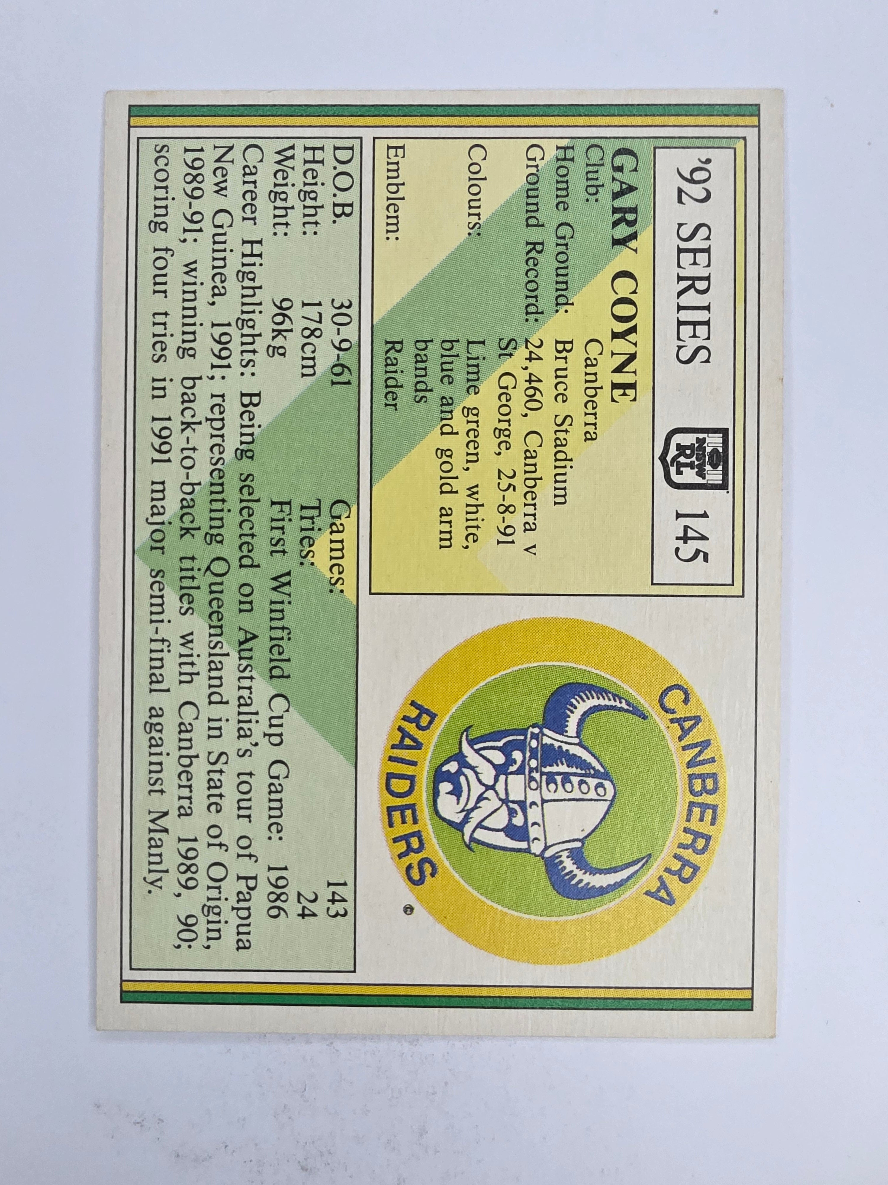 NRL 1992 Regina Base Card #145 Gary Coyne Canberra Raiders