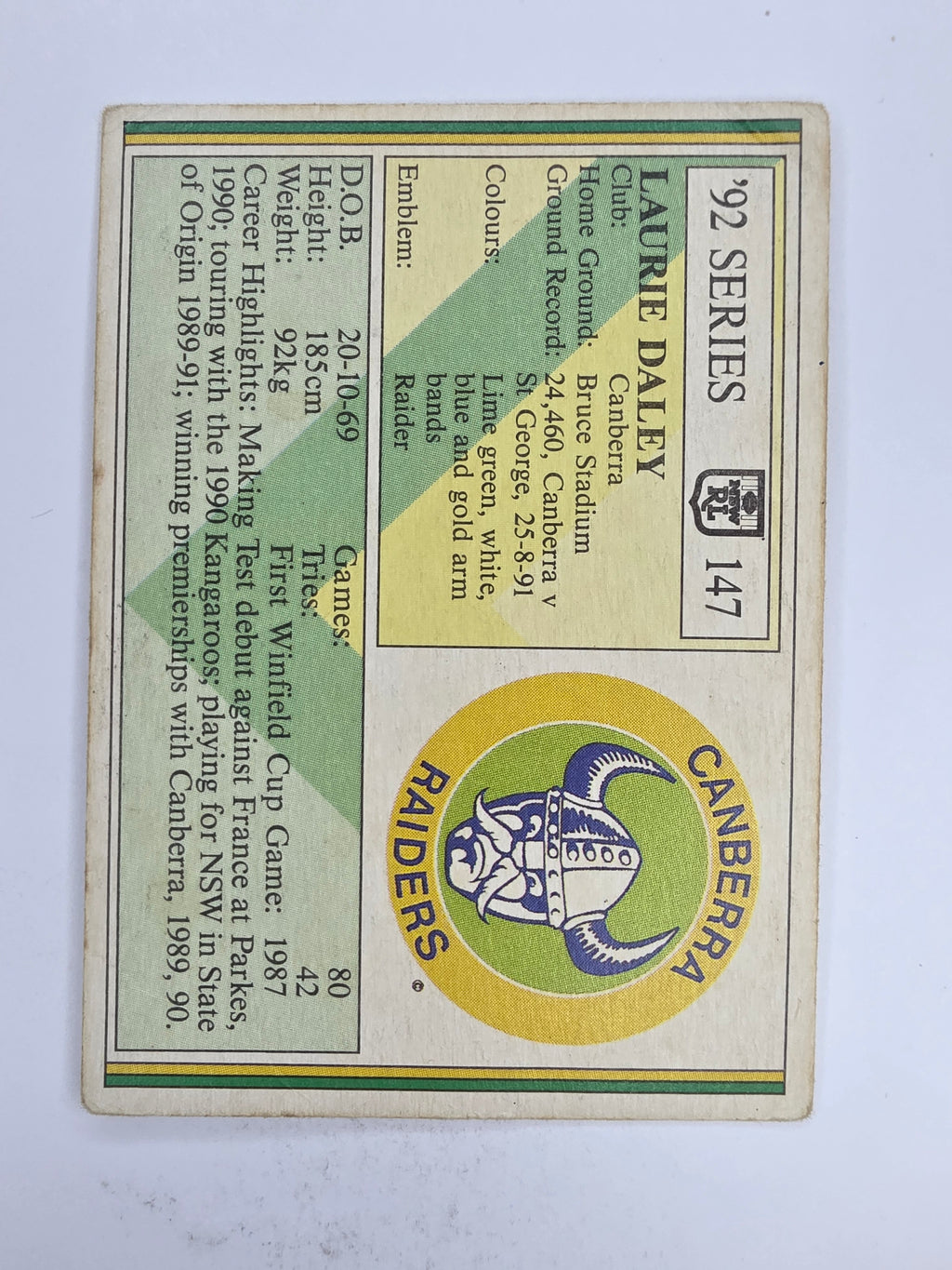 NRL 1992 Regina Base Card #147 Laurie Daley Canberra Raiders