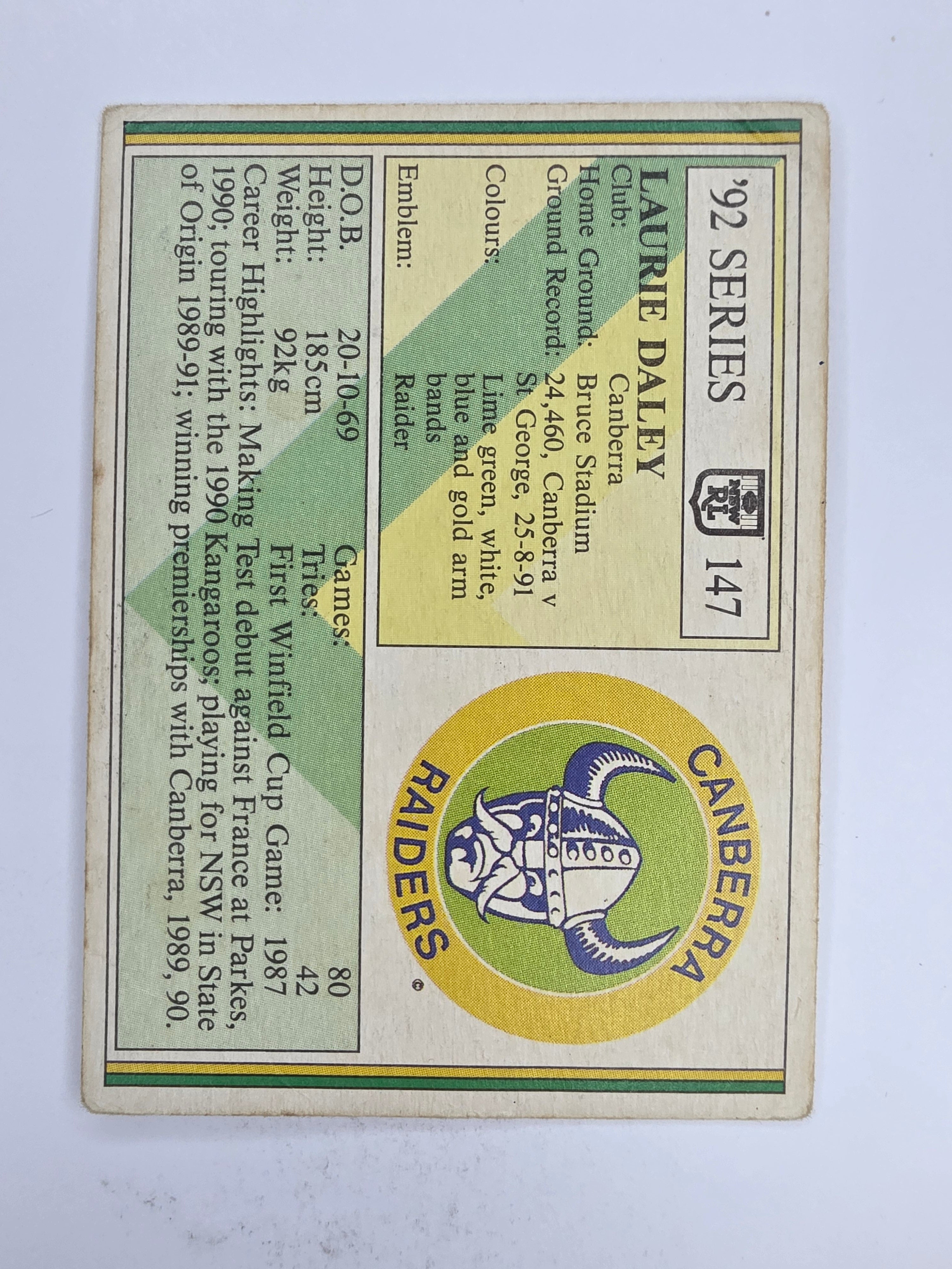 NRL 1992 Regina Base Card #147 Laurie Daley Canberra Raiders