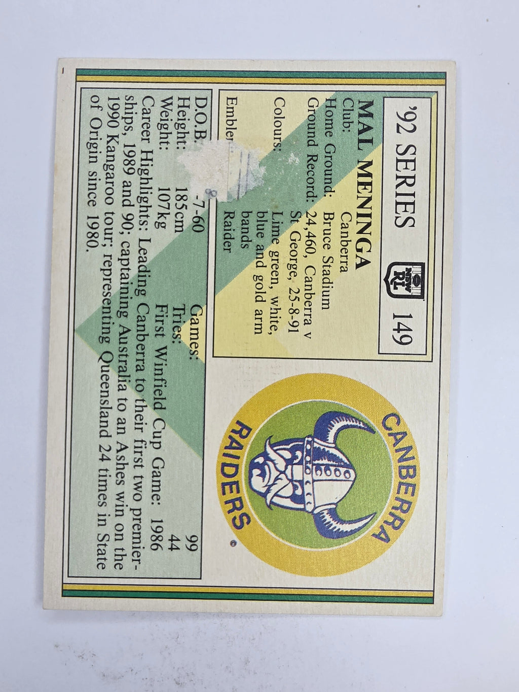 NRL 1992 Regina Base Card #149 Mal Meninga Canberra Raiders *damaged*