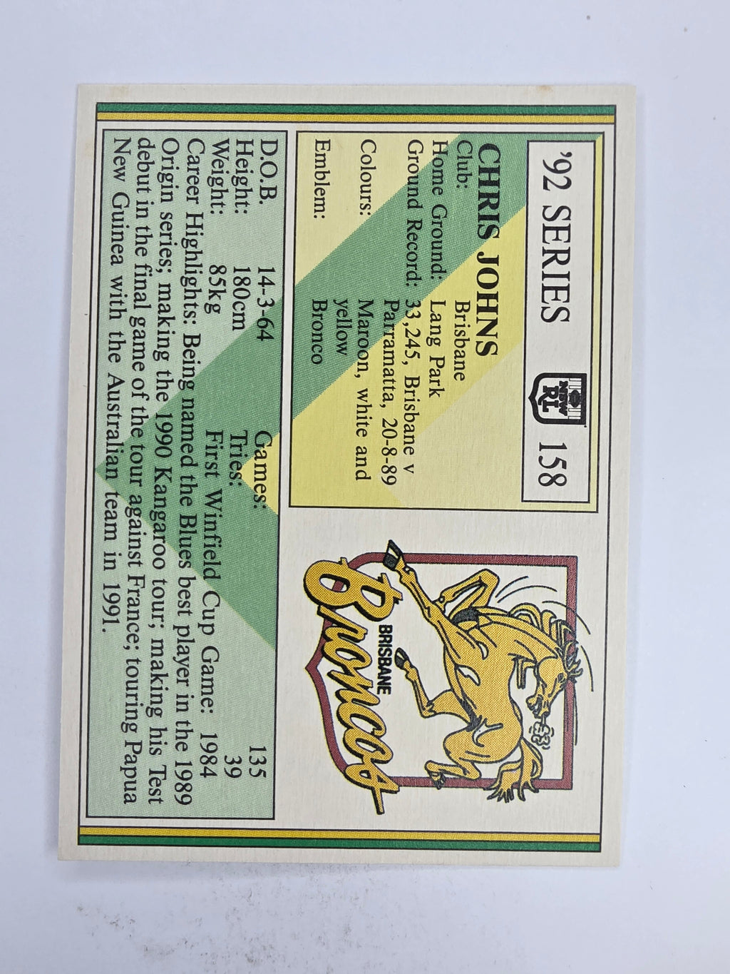 NRL 1992 Regina Base Card #158 Chris Johns Brisbane Broncos