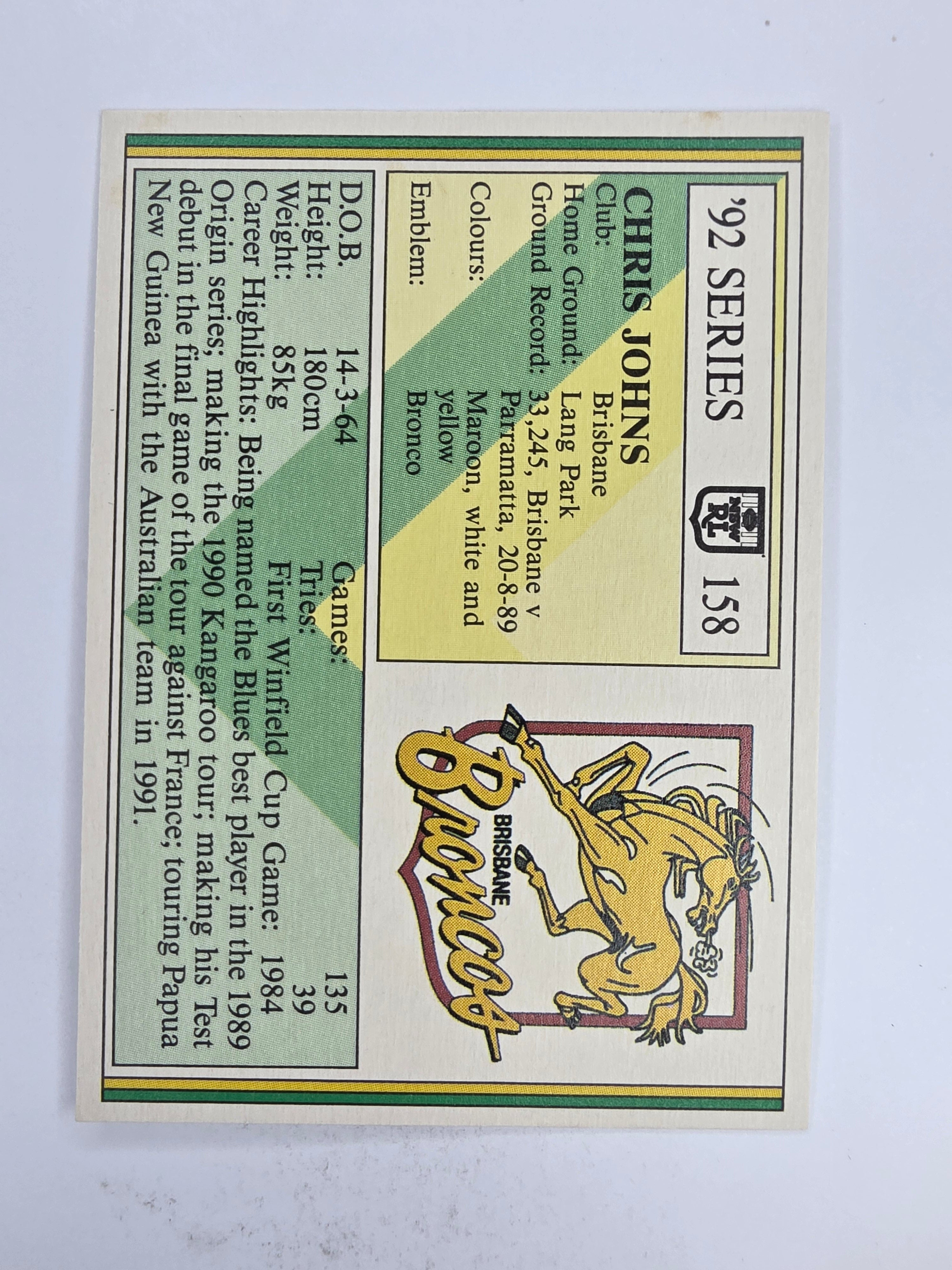 NRL 1992 Regina Base Card #158 Chris Johns Brisbane Broncos