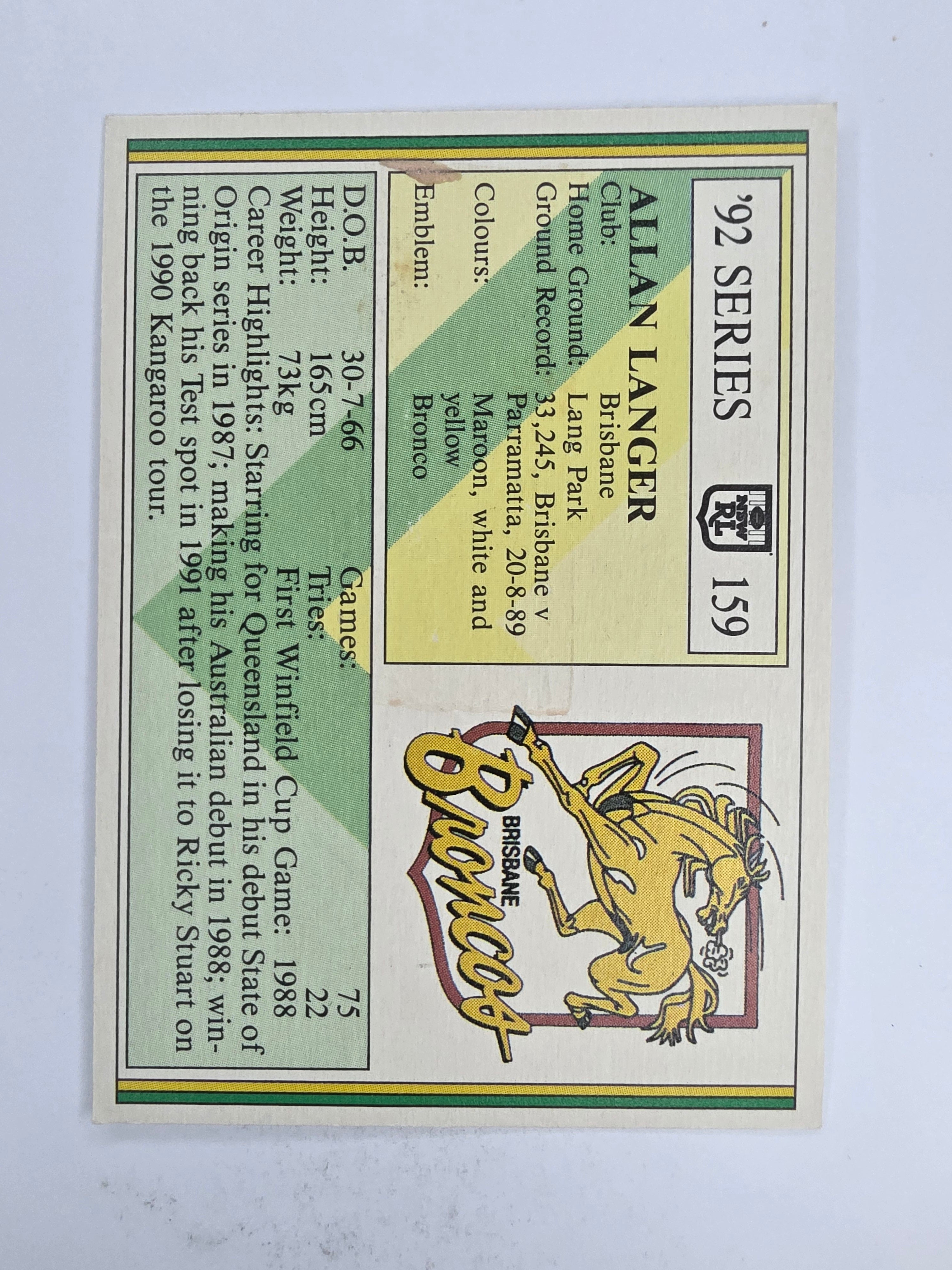 NRL 1992 Regina Base Card #159 Allan Langer Brisbane Broncos *damaged*