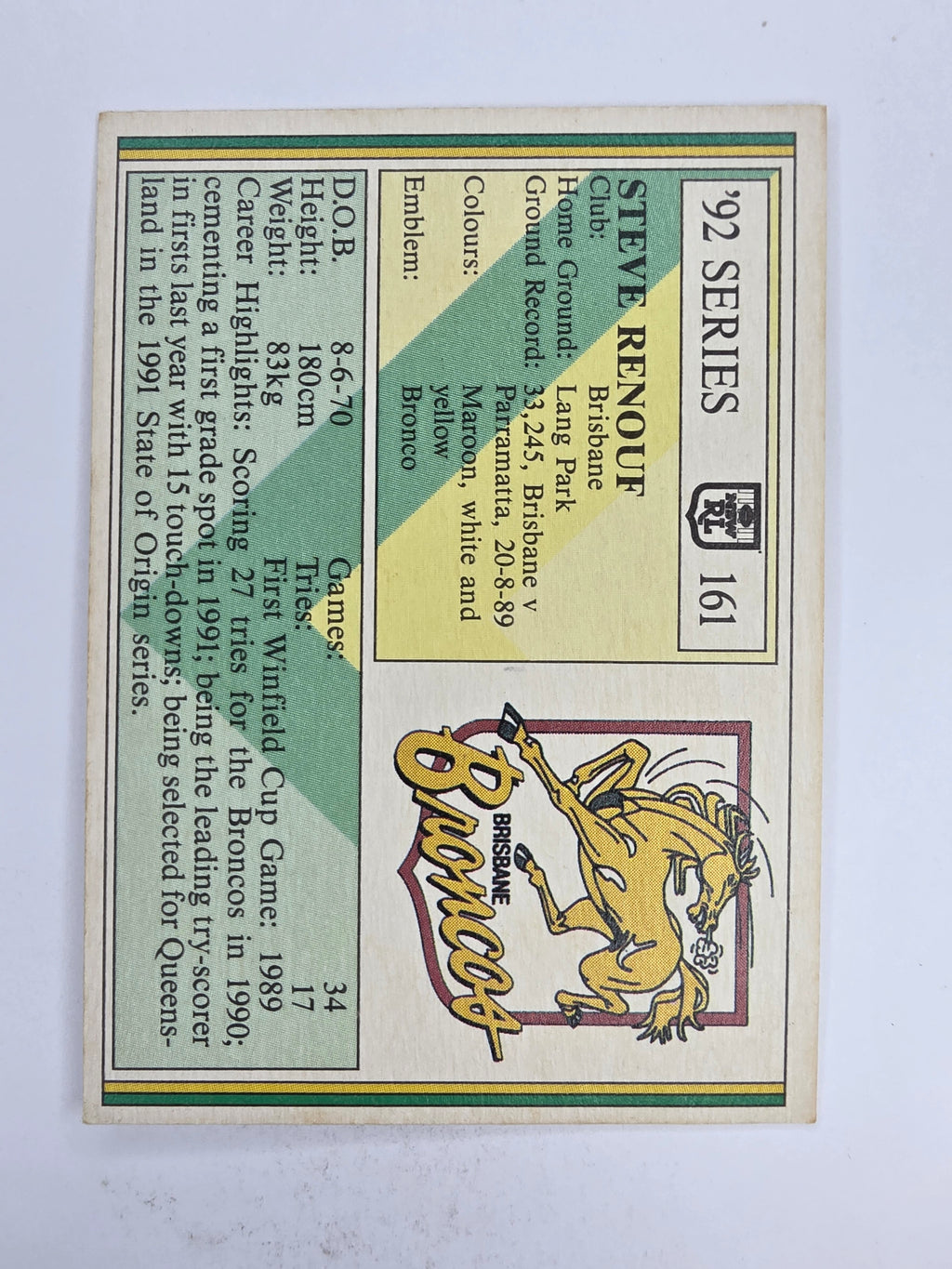 NRL 1992 Regina Base Card #161 Steve Renouf Brisbane Broncos