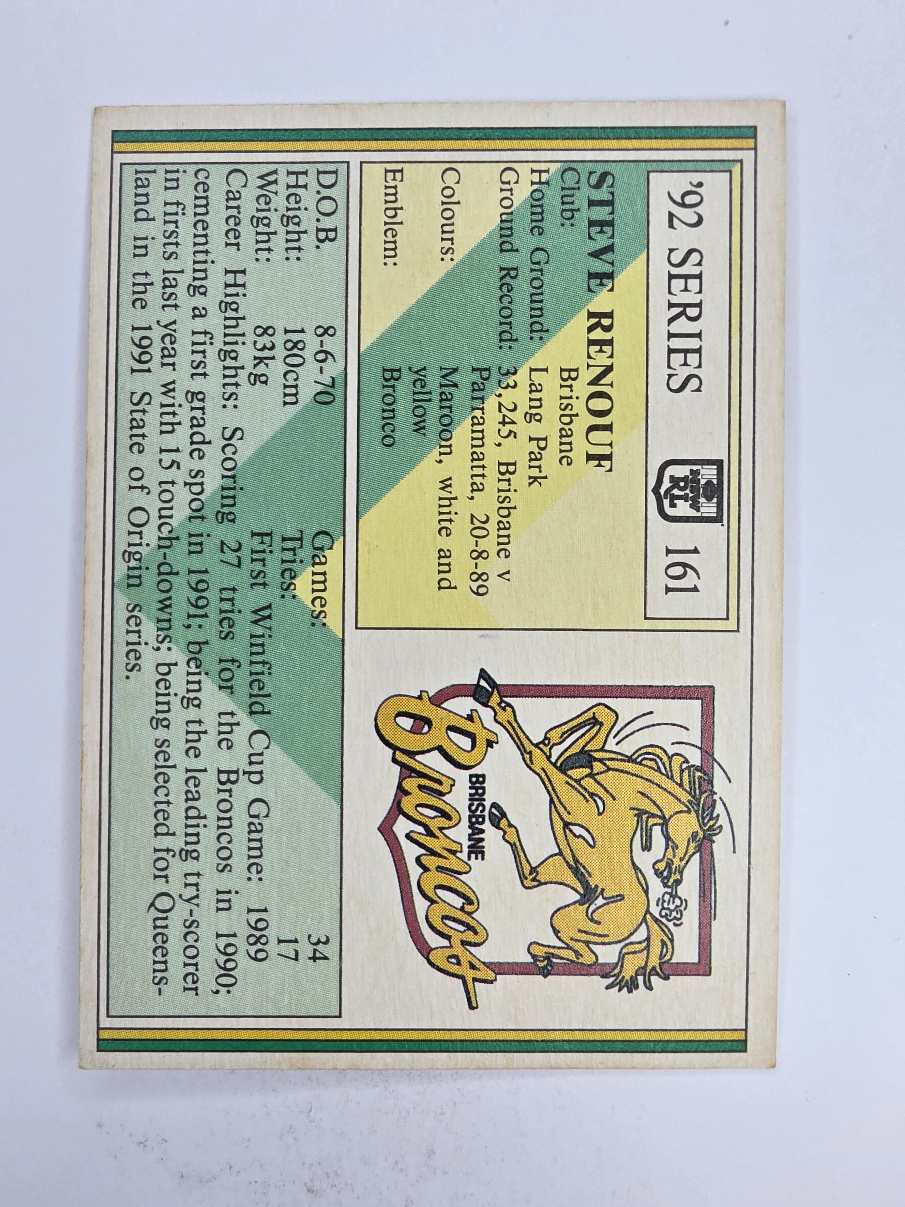 NRL 1992 Regina Base Card #161 Steve Renouf Brisbane Broncos