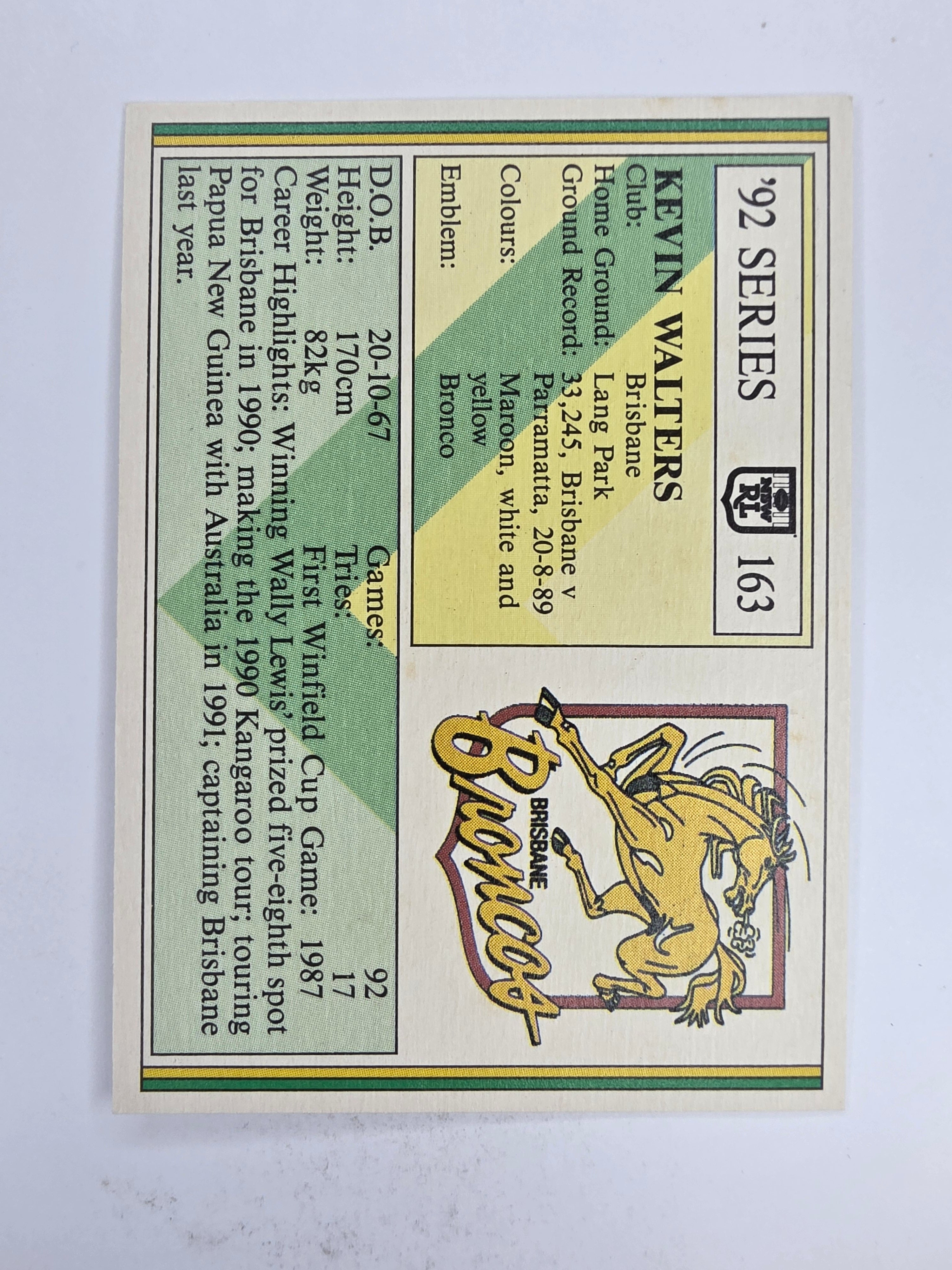 NRL 1992 Regina Base Card #163 Kevin Walters Brisbane Broncos