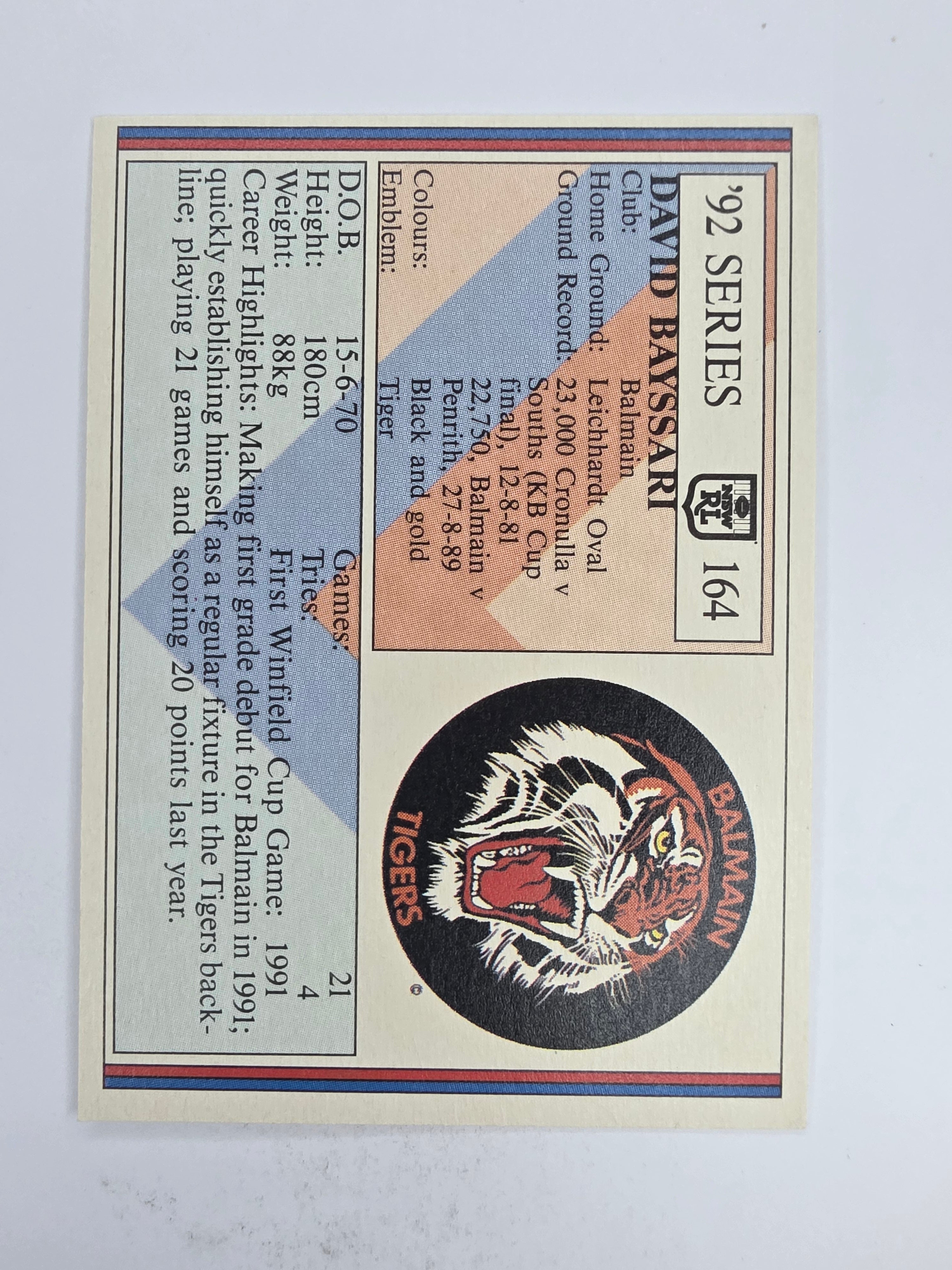 NRL 1992 Regina Base Card #164 David Bayssari Balmain Tigers