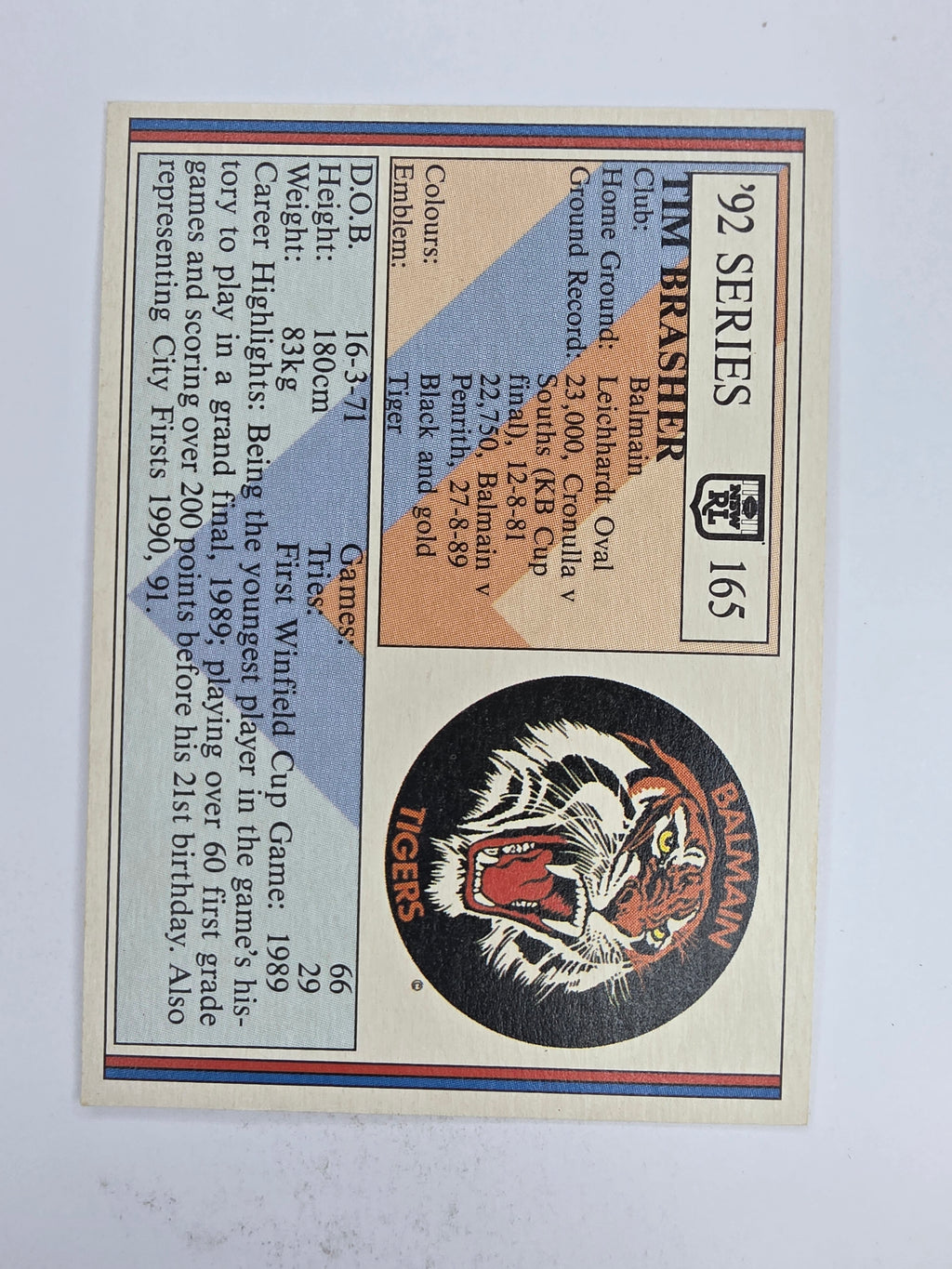 NRL 1992 Regina Base Card #165 Tim Brasher Balmain Tigers